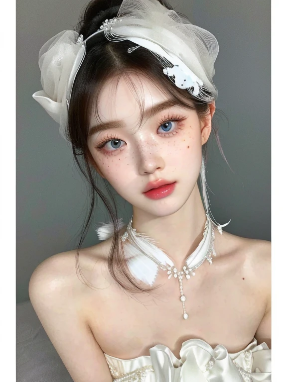 there is a woman wearing a white dress and a white feathered headpiece, pale porcelain white skin, pale snow white skin, guweiz, porcelain white skin, pale milky white porcelain skin, jinyoung shin, pale fair skin!!, ulzzang, ethereal beauty, lovely delicate face, beautiful aesthetic face, porcelain pale skin, beautiful girl model, yanjun chengt, 🤤 girl portrait, realistic aesthetic, small freckles, hyper realistic teenager, barbie doll, freckles!!!, detailed face, realistic face, realistic fingers, jisoo from blackpink , popular south korean makeup, quality detailed ,(beautiful makeup :1.2), 