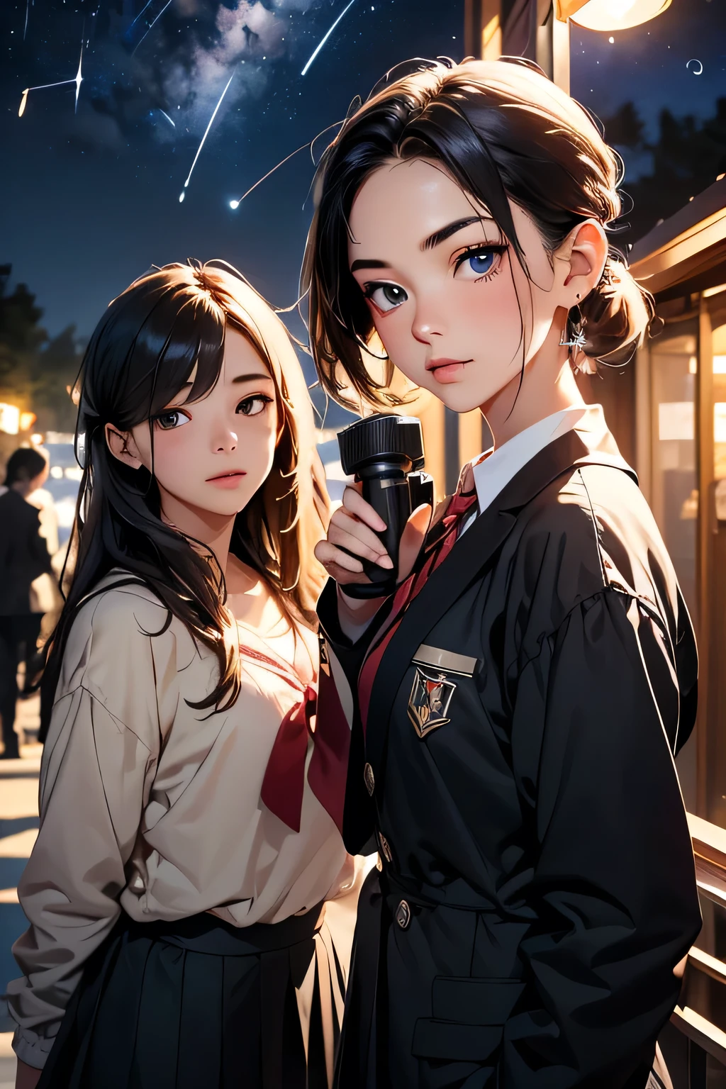 (best quality, masterpiece1.2), (detailed eye:1.2), intricate detail, depth of field, (sunlight, backlight:1.2), (2girls, back to back:1.3), military uniform, neon, cyberpunk, police, car, city, robot, dark mood, helmet, goggles, standing, long hair, looking at viewer, (in crowd)