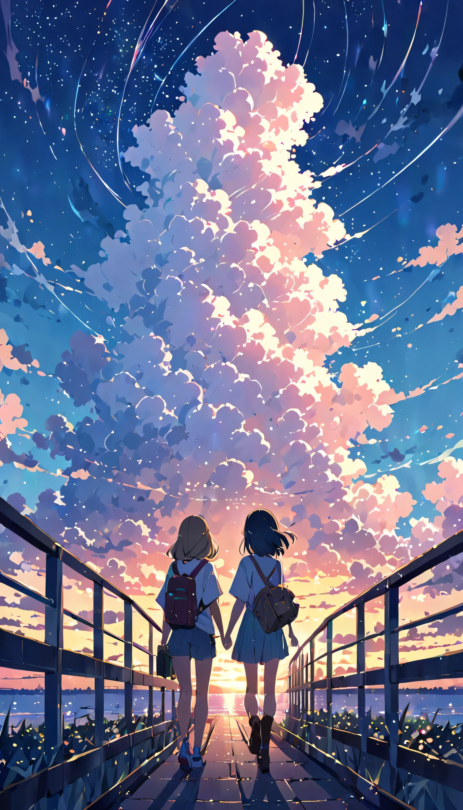 Created exquisite illustrations reminiscent of Makoto Shinkai's style, Features extremely fine detail and top quality. Angelic, Detail of a woman walking, A woman is wearing a hoodie and holding a machine gun, fighting monsters, The best building in the city, road, sunrise, horizon, Skyline, In the sky, City of Clouds, colorful, High resolution, 8k,masterpiece,best quality,ultra detailed,high-resolution,8k portrait,unity 8k wallpaper,extremely detailed CG unity 8k wallpaper,mysterious,Fantasy,emotional