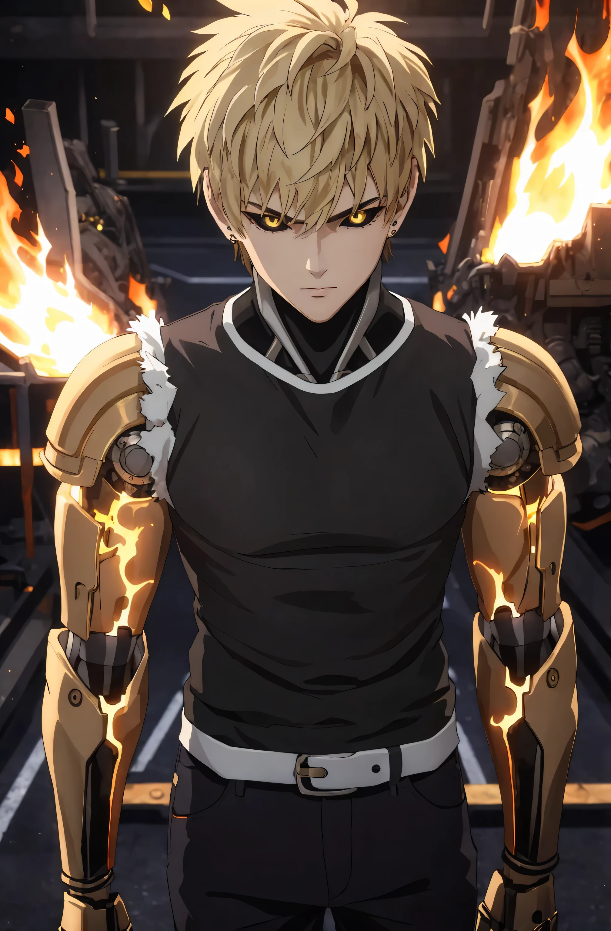 "(masterpiece, best quality: 1.4), colorful portrait, high contrast, genos black shirt, sleeveless, black pants, mechanical arms, bright, bright eyes, bright hands, flame everywhere, front view, long rang, wide range shot."