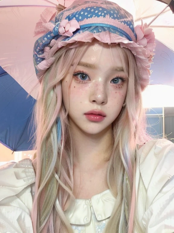 araffe girl with long hair wearing a hat and holding a pink umbrella and blue like eyes, ulzzang, wearing a chocker and cute hat, kawaii realistic portrait, cute kawaii girl, sakimichan, kawaii hairstyle, white hime cut hairstyle, cute natural anime face, lalisa manobal, popular south korean makeup, wan adorable korean face, belle delphine, 🤤 girl portrait, realistic aesthetic, small freckles, hyper realistic teenager, barbie doll, freckles!!!, detailed face, realistic face, realistic fingers, jisoo from blackpink , popular south korean makeup, quality detailed ,(beautiful makeup :1.2)