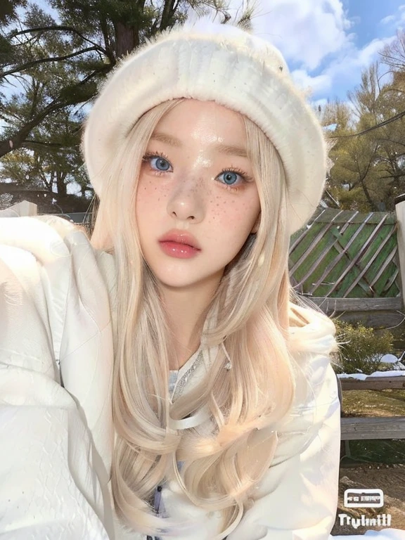 a close up of a woman wearing a white hat and a white coat and blue like eyes, lalisa manobal, ulzzang, long blonde hair and big eyes, with white long hair, long white hair and bangs, lalisa manoban of blackpink, long blonde hair and large eyes, with long white hair, cute natural anime face, white bangs, 🤤 girl portrait, realistic aesthetic, small freckles, hyper realistic teenager, barbie doll, freckles!!!, detailed face, realistic face, realistic fingers, jisoo from blackpink , popular south korean makeup, quality detailed ,(beautiful makeup :1.2), big bust , big breath