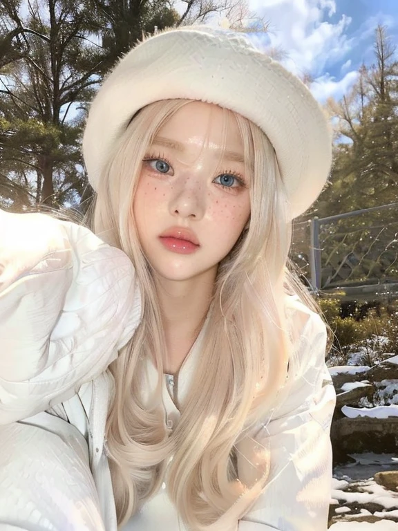 a close up of a woman wearing a white hat and a white coat and blue like eyes, lalisa manobal, ulzzang, long blonde hair and big eyes, with white long hair, long white hair and bangs, lalisa manoban of blackpink, long blonde hair and large eyes, with long white hair, cute natural anime face, white bangs, 🤤 girl portrait, realistic aesthetic, small freckles, hyper realistic teenager, barbie doll, freckles!!!, detailed face, realistic face, realistic fingers, jisoo from blackpink , popular south korean makeup, quality detailed ,(beautiful makeup :1.2), big bust , big breath