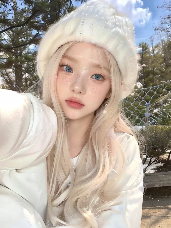 a close up of a woman wearing a white hat and a white coat and blue like eyes, lalisa manobal, ulzzang, long blonde hair and big eyes, with white long hair, long white hair and bangs, lalisa manoban of blackpink, long blonde hair and large eyes, with long white hair, cute natural anime face, white bangs, 🤤 girl portrait, realistic aesthetic, small freckles, hyper realistic teenager, barbie doll, freckles!!!, detailed face, realistic face, realistic fingers, jisoo from blackpink , popular south korean makeup, quality detailed ,(beautiful makeup :1.2), big bust , big breath