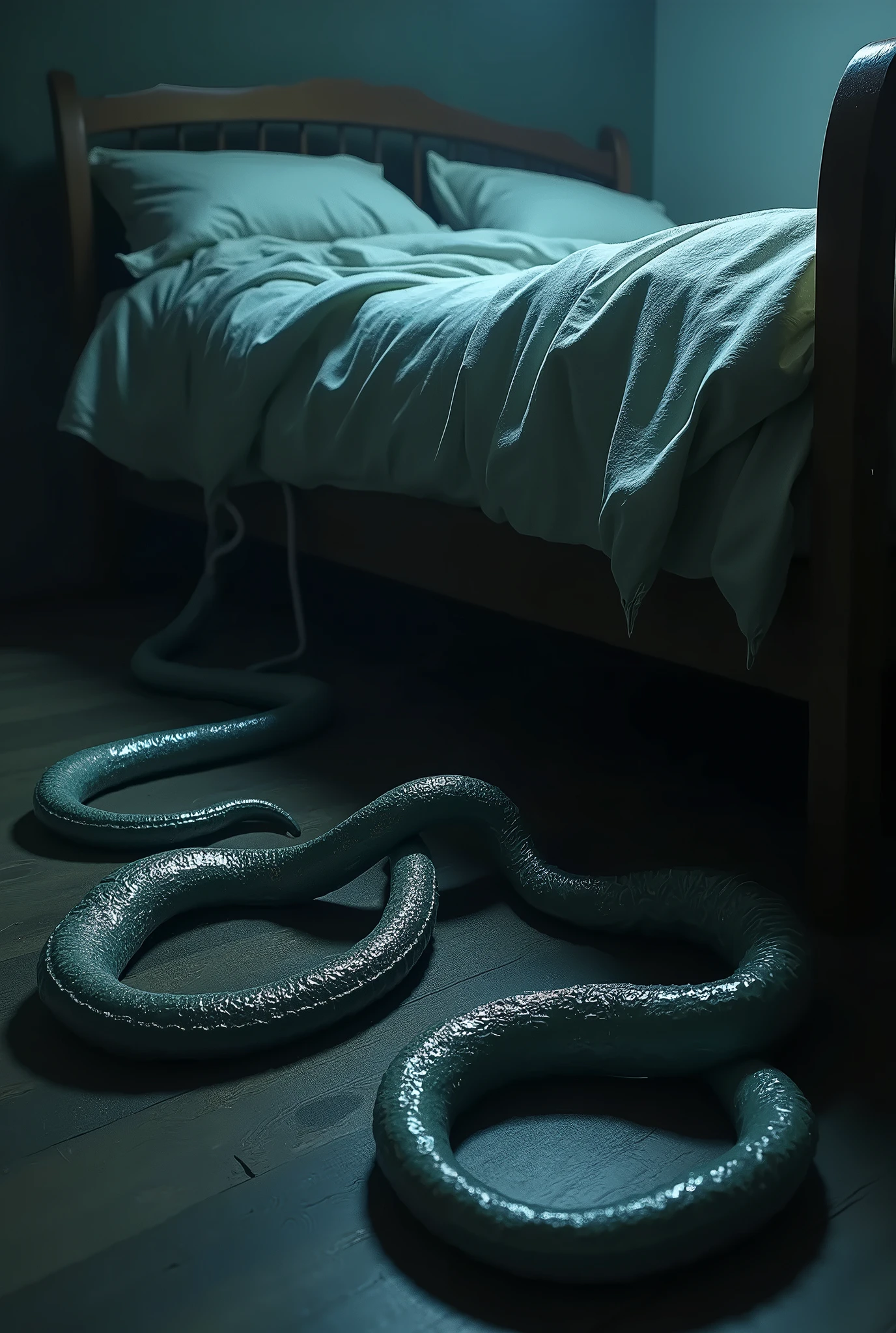 ((masterpiece, 8k, best quality, 8k, super realistic, high resolution:1.3)), fictional image, room made of snakeskin, bed is a giant snake, floor infested with small snakes, wall with snakes, snake blanket. Closet with snakeskin clothes.