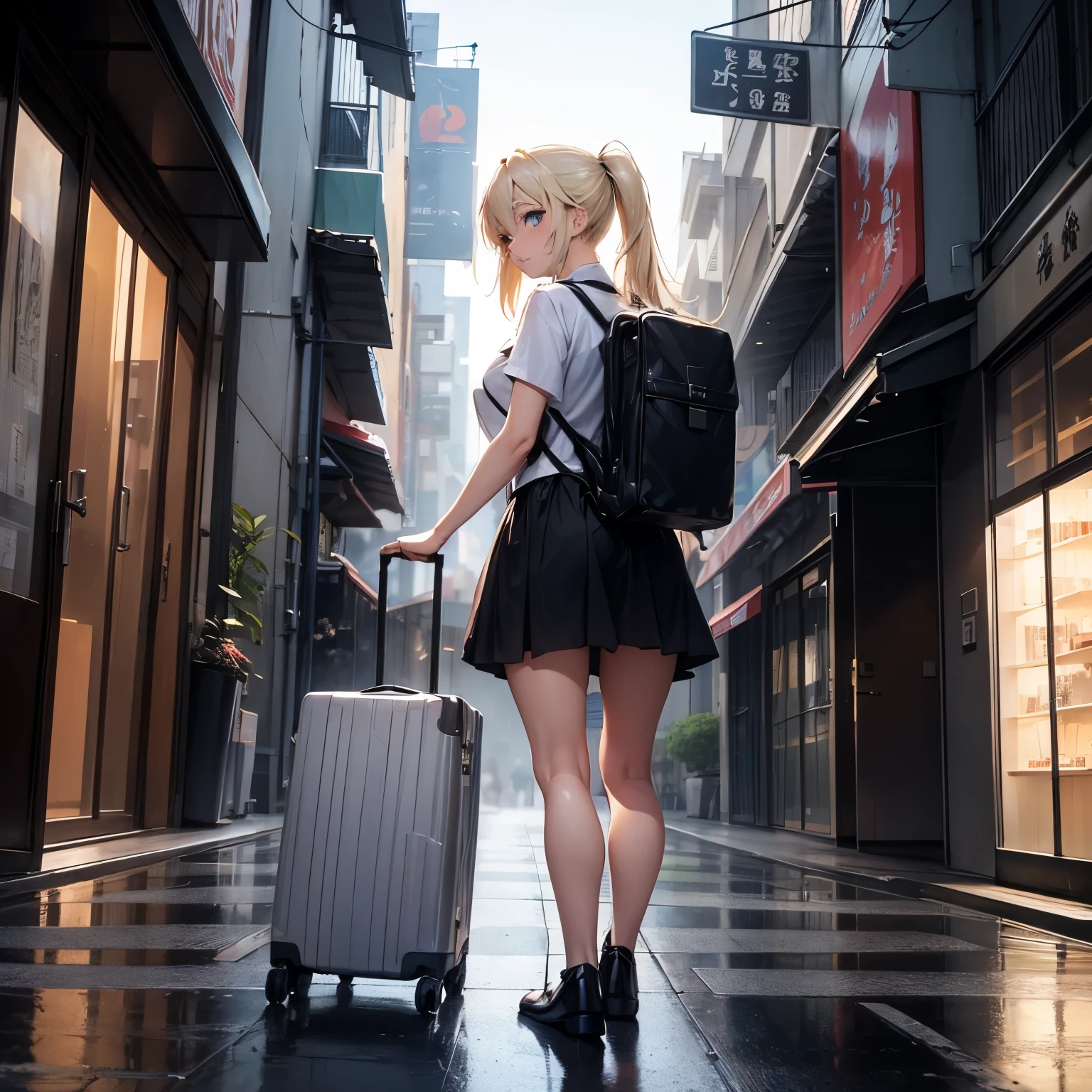 A 3 blonde beauty travelling to a foreign country in casual clothes with a backpack on her back, pulling a suitcase with wheels, an oriental cityscape, a girl's manga-style illustration,