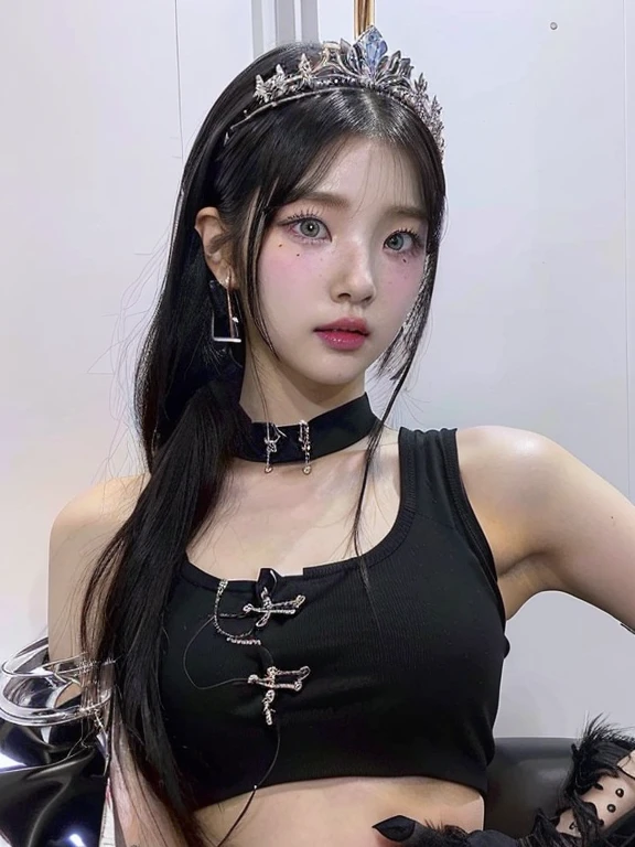 a close up of a woman wearing a black top and a crown and blue like eyes, lalisa manobal, she has black hair with bangs, iu lee ji-eun as a super villain, lalisa manoban of blackpink, cruel korean goth girl, portrait of jossi of blackpink, jossi of blackpink, jinyoung shin, with black pigtails, black hime cut hair, 🤤 girl portrait, realistic aesthetic, small freckles, hyper realistic teenager, barbie doll, freckles!!!, detailed face, realistic face, realistic fingers, jisoo from blackpink , popular south korean makeup, quality detailed ,(beautiful makeup :1.2),big breath