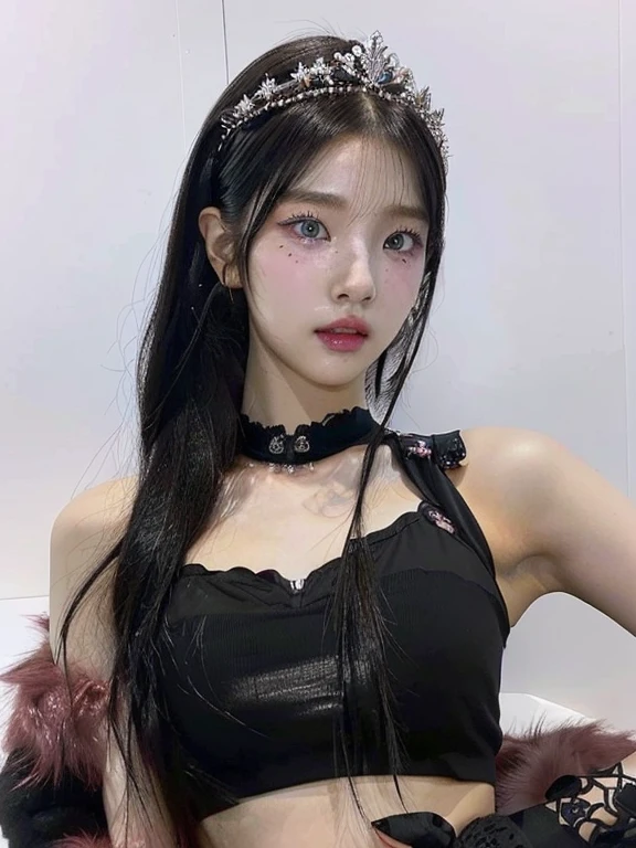 a close up of a woman wearing a black top and a crown and blue like eyes, lalisa manobal, she has black hair with bangs, iu lee ji-eun as a super villain, lalisa manoban of blackpink, cruel korean goth girl, portrait of jossi of blackpink, jossi of blackpink, jinyoung shin, with black pigtails, black hime cut hair, 🤤 girl portrait, realistic aesthetic, small freckles, hyper realistic teenager, barbie doll, freckles!!!, detailed face, realistic face, realistic fingers, jisoo from blackpink , popular south korean makeup, quality detailed ,(beautiful makeup :1.2),big breath