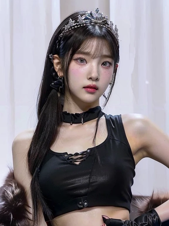 a close up of a woman wearing a black top and a crown and blue like eyes, lalisa manobal, she has black hair with bangs, iu lee ji-eun as a super villain, lalisa manoban of blackpink, cruel korean goth girl, portrait of jossi of blackpink, jossi of blackpink, jinyoung shin, with black pigtails, black hime cut hair, 🤤 girl portrait, realistic aesthetic, small freckles, hyper realistic teenager, barbie doll, freckles!!!, detailed face, realistic face, realistic fingers, jisoo from blackpink , popular south korean makeup, quality detailed ,(beautiful makeup :1.2),big breath