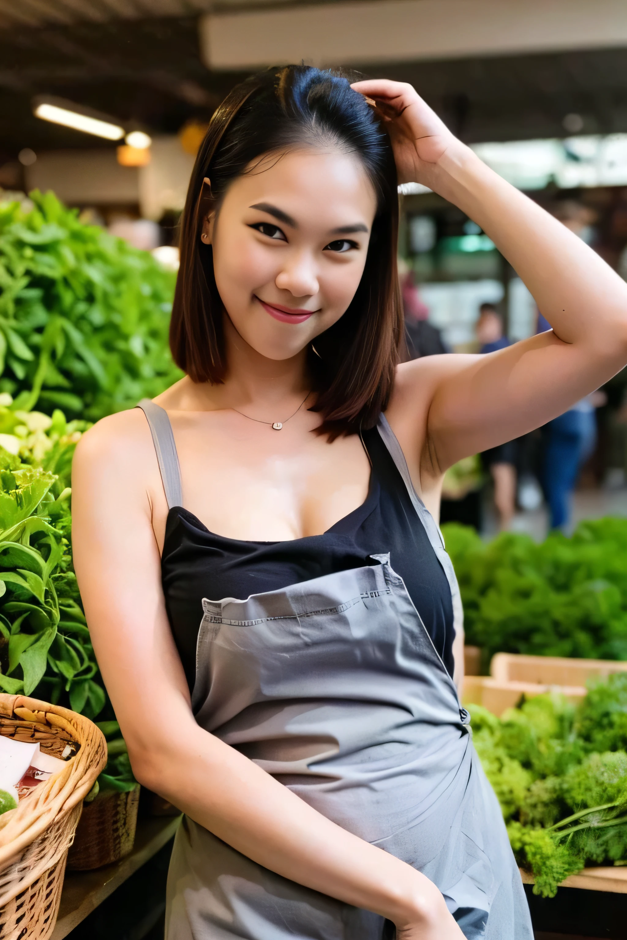 1 cute girl, clear face, hair tied in a ponytail, wearing a tight white round neck t-shirt with jeans, black apron, posing cutely, in a fresh market.