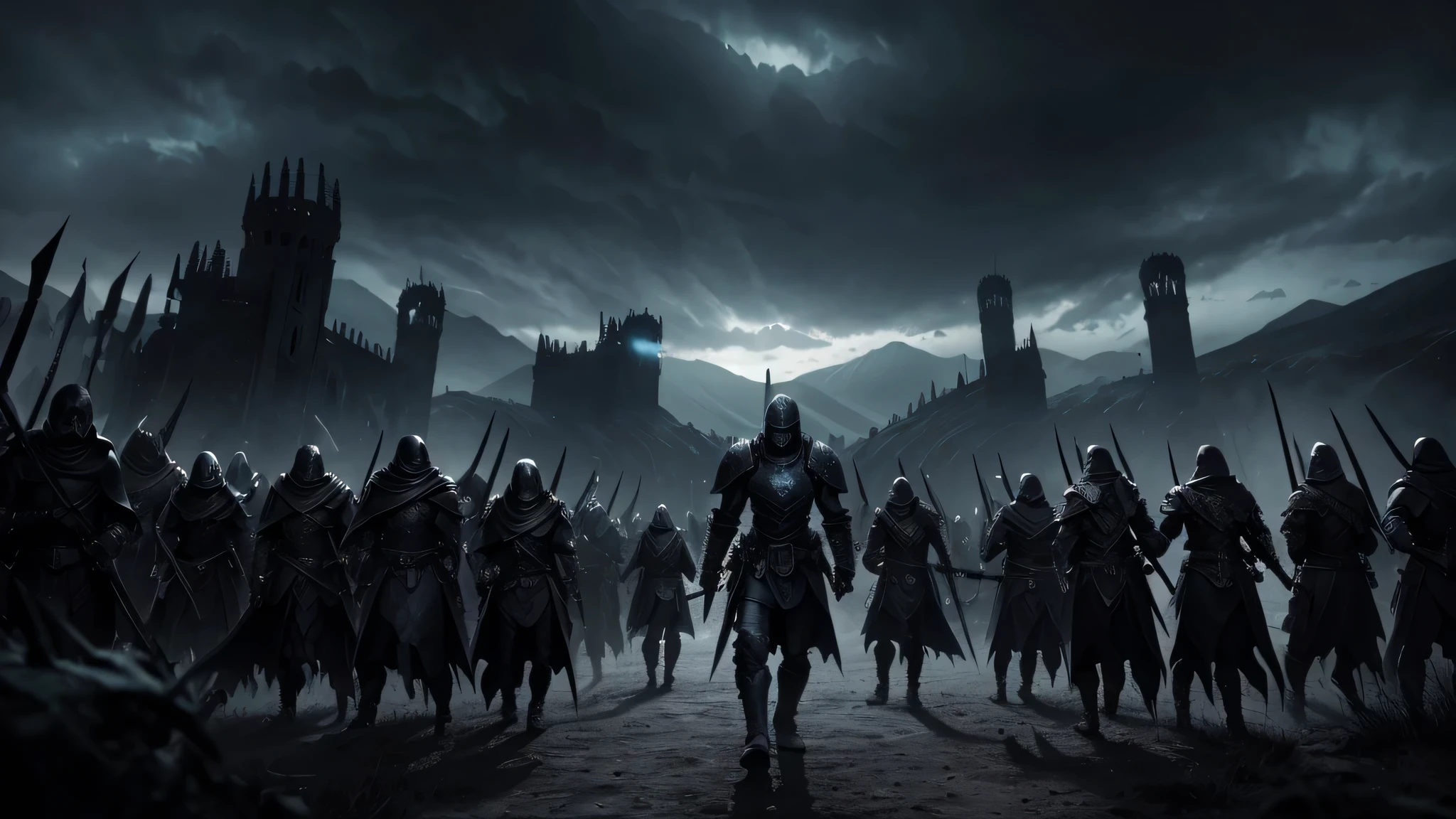 a death knight leading an undead army into battle, highly detailed, intricate and complex, dramatic cinematic composition, epic fantasy, chiaroscuro lighting, moody and somber color palette, dark and foreboding atmosphere, malevolent and imposing death knight figure, skeletal and ghastly undead soldiers, sweeping battle scene, ominous cloudy skies, glowing magical energy, (best quality,4k,8k,highres,masterpiece:1.2),ultra-detailed,(realistic,photorealistic,photo-realistic:1.37)