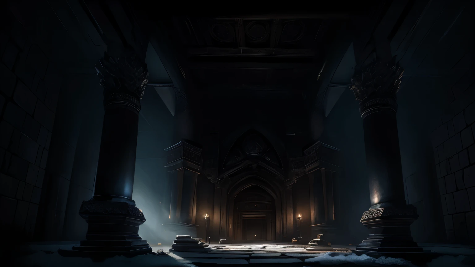 a detailed fantasy dungeon with a grand colosseum-like interior, labyrinth-like passages, adventurer's camp, and final boss arena, highly detailed fantasy architecture, intricate stone walls, gloomy lighting, dramatic shadows, mystical atmosphere, epic scale, ornate details, cinematic composition, dramatic lighting, muted color palette, photorealistic, 8k, best quality, masterpiece