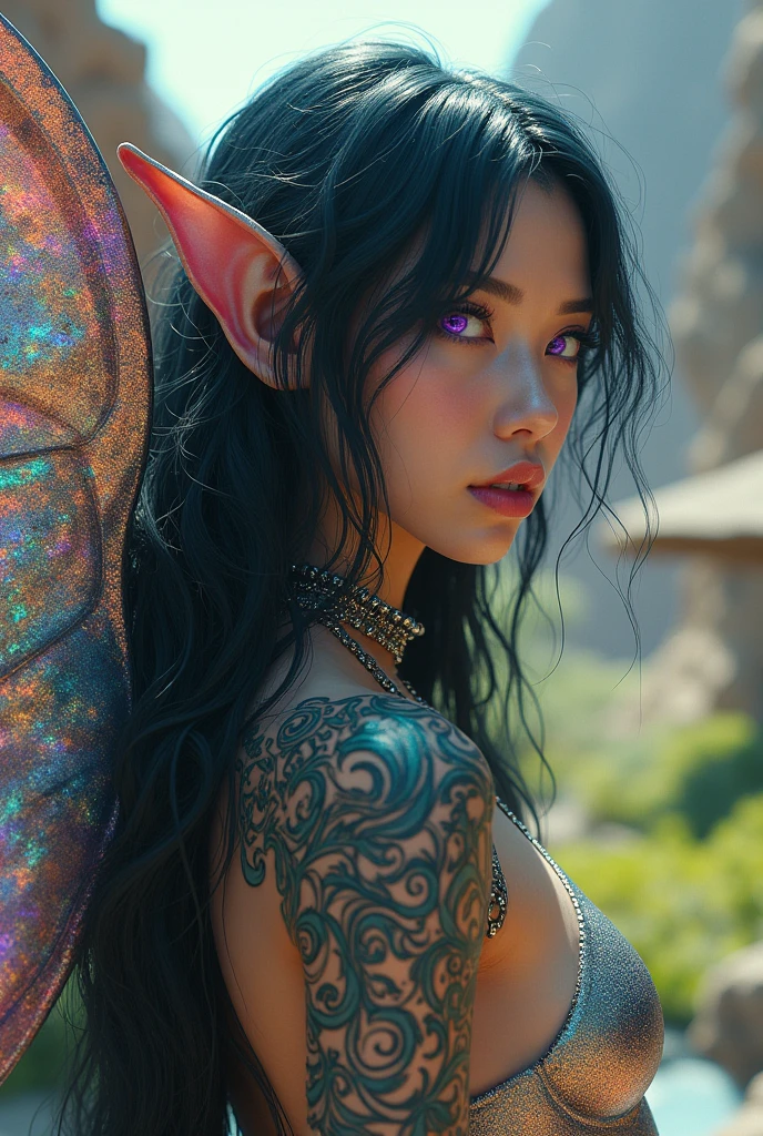 adult elf with light blue skin and black hair, she has a pretty face, she wears a ponytail, all over his body he has purple tattoos in the shape of vines, with a flower on her left arm, she is in an artistic pose, in the background there is beautiful vegetation with it in the center, behind her a calm waterfall, she is staring into space, Contemporary art