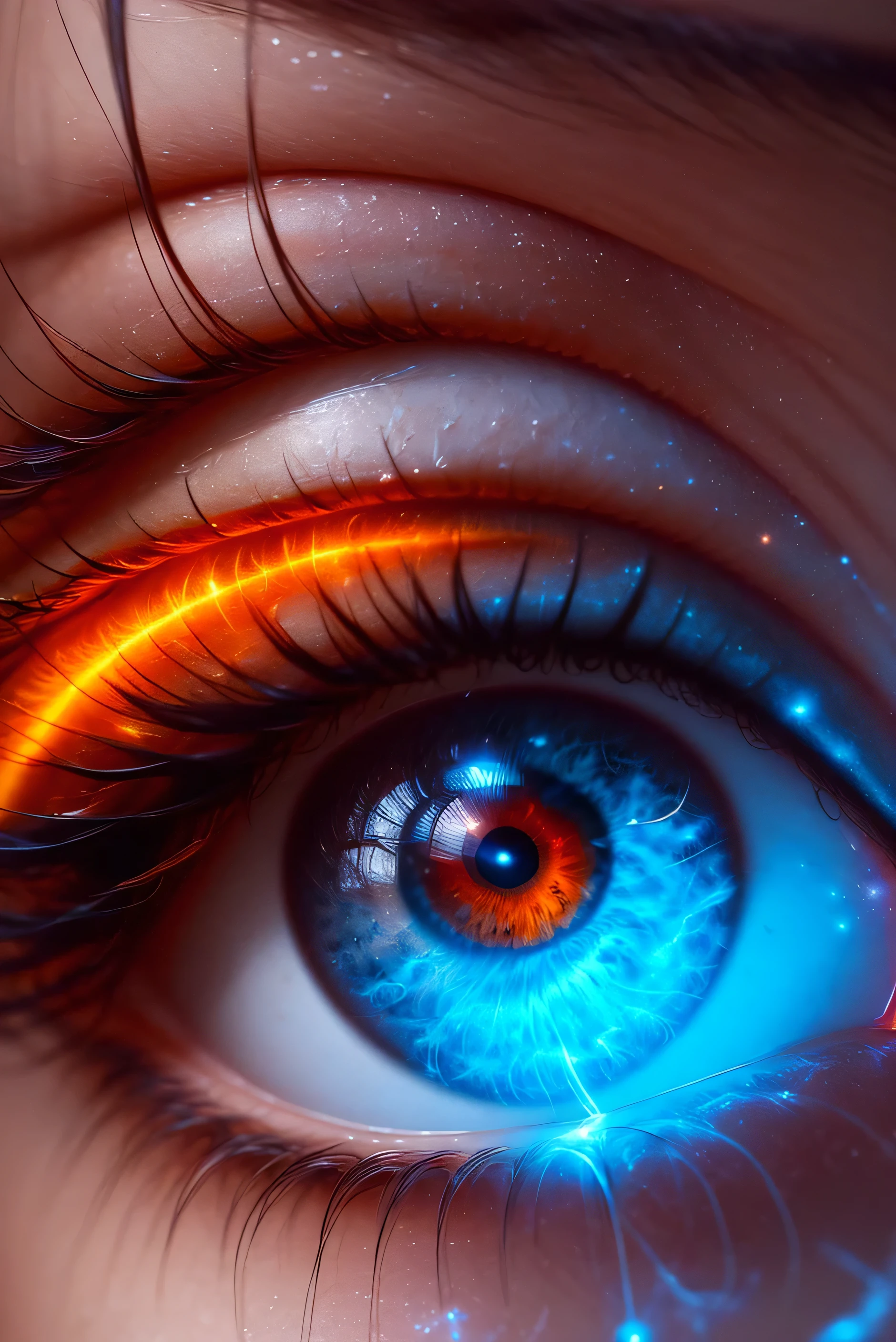 "Create an extreme close-up of a human eye, emphasizing hyper-realistic detail with vibrant textures in the iris and pupil. Surround the eye with swirling smoke and energy waves, forming an abstract eye shape in the background. Add glowing neon accents around the iris, with electric sparks and lightning arcs tracing the contours of the eye. The skin and eyelashes should retain a sharp, detailed texture, while the entire scene glows with fiery orange and cool blue tones. Highlight the interplay of light and shadow across the eye’s surface, giving it a dynamic, ethereal energy. The overall effect should blend anatomy with surreal, glowing effects to create a striking and otherworldly visual, suitable for a medical or sci-fi themed cover