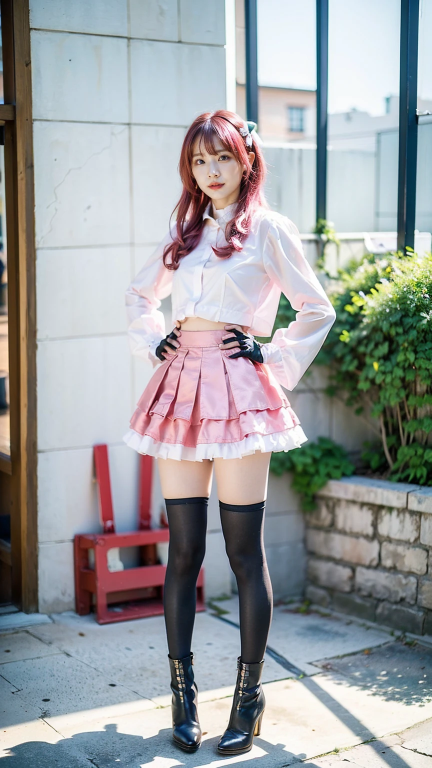 (8k、RAW Photos、Best Quality、masterpiece:1.2)、(Realistic、Realistic)、1 person、((See-through、Pink and、Medium Hair、、tights、gloves、mini skirt、Thin legs、boots、View from the front、Looking into the camera、garden、Stand with hands on hips))、cute