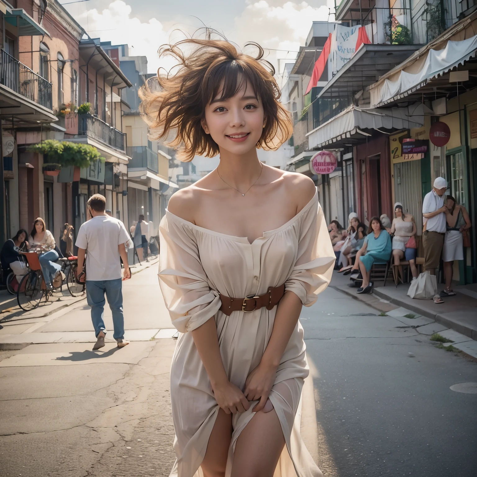 Show me a woman who will surprise everyone.、In New Orleans bourbon street,  talking in cafe while drinking coffee、（Antique cafe with a retro atmosphere）、Tight fitting pale color dress without bra, with seer white shawl on it、The collar should be a little more open, the cleavage and areola exposed、((leaning forward)), pixie fluffy hair、Has a very happy face、Looking straight ahead with a bright smile、Arms crossed、lips slightly pointed.、Bangs slightly messed up by the wind、Face Up Shot、Soft Backlight、no bra, nipple slip,  nsfw