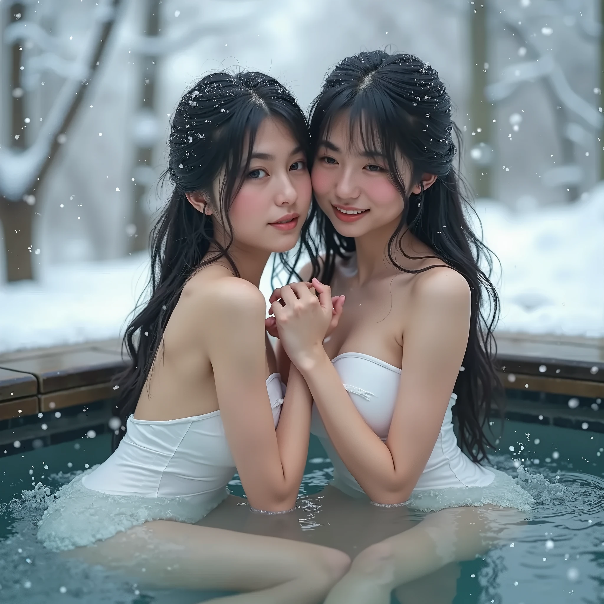 Ultra-Details、(Realistic、photoRealistic、photo-Realistic:1.37)、(Raw photo、masterpiece、8k、Highest quality)、(High resolution:1.3)、(Angle from below)、(Perfect Anatomy:1.5)、((Japanese open-air hot springs surrounded by snowy scenery))、((It&#39;s snowing))、Two beautiful girls、Sensual Beautiful Sisters、lily、Watching the audience、A confident smile、(Beautiful Eyes)、(Super hourglass body type:1.2)、(Super big breasts pointing upwards:1.4)、(Wide super big ass:1.2)、Black Hair、[Correct fingers]、(Her naked body is covered with a wet white gauze towel)、(Super see-through)、((The sisters are in water up to their chests))、(Partially underwater shot)、Sisters sitting close together、Holding hands、Touching the body、Embrace、Kiss on the cheek、Sexy and acrobatic duo pose、[Spread your legs wide]