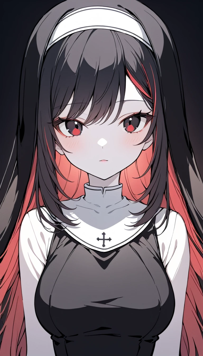 absurdos, high resolution, ultra detallado, desgarrar, pelo canoso, ojos rojos, hood, lazo para el pelo, cola de caballo, vestido negro, mangas largas, mirando al espectador, sonrisa, :3, colmillo, colmillo out, dientes, parte superior del cuerpo, mano a la propia boca, mirando al espectador, adentro, marble wall,