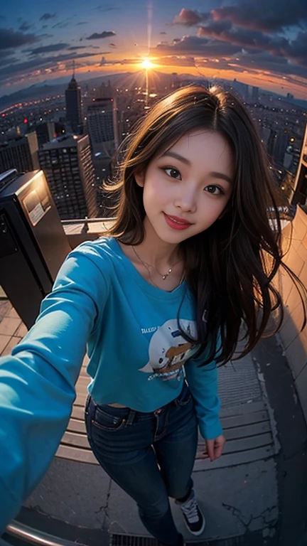 One girl, Korean, Fisheye Lens, Selfie, Wind, Messy Hair, sunset, Cityscape, (Aesthetics and atmosphere:1.2),smile