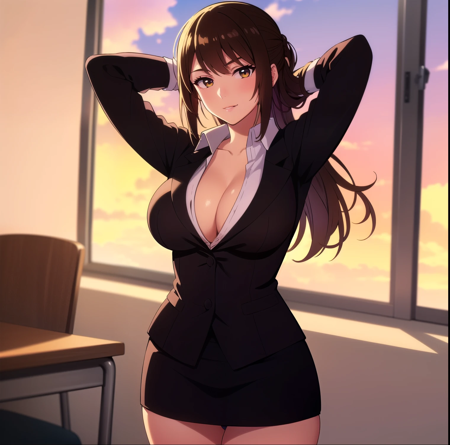 ((1girl)),((alone)), sae chabashira , \(clasroom of the elite\),(masterpiece), (best quality), (ultra detailed), (best illustration), (best shadow), (absurdities ), sharp focus, cowboy shot ,atmospheric perspective, depth of field, dynamic posture ,((looking at viewer)),big breasts, narrow waist, wide hips, medium thighs, round butt, erotic, romantic, (highly detailed eyes, lips 1.1), highly detailed eyes, eyes, Highly detailed face, Very beautiful face, Symmetrical face, Aesthetic face, Perfect face, Perfect eyes, Detailed eyelashes: 1.5), Full height, Beautiful slender figure, Femininity, Expressive appearance, Elastic big breasts, Sexuality,Half-open lips, Top quality, Masterpiece, High resolution, 1 girl, (30-year-old adult woman: 1.5), (first hairstyle: 1.5), Hair long, (black: 1.5 ), hair ornaments, (brown eyes: 1.5), ponytail, (hair clip), collarbone, (black_jacket: 1.5), (white_shirt: 1.5), (開けたJacket:1.5), (Open_shirt:1.5), (Beautiful_detailed_eyes:1.6), ñlPerfect body, (mini_pencil_skirt: 1.5), (sexy_panties_race: 1.5), (Arms behind head, Armpits: 1.5), Glowing skin, (smaller head), (large: 1.5), (red: 1.5), (smile: 1.5), (red_lips), White body, (Wide pelvis), (Long legs:1.5), (とても), (Very thick thighs:1.5), (breasts big:1.5), (blackいブラジャー:1.5), (From bottom:1.5), curves, defined body, Perfect and beautiful body, perfect and beautiful, calm look, closed mouth, ((stoic expression)), blushing, (sexy pose: 1.2), ((solo)), standing: 1.3, (teachers' lounge interior, sunset, desk, table, chairs, paperwork, window, clouds, clear sky), Looking forward, ((focus on hips:1.4)), point of view:(from below), perfect anatomy, perfect hands