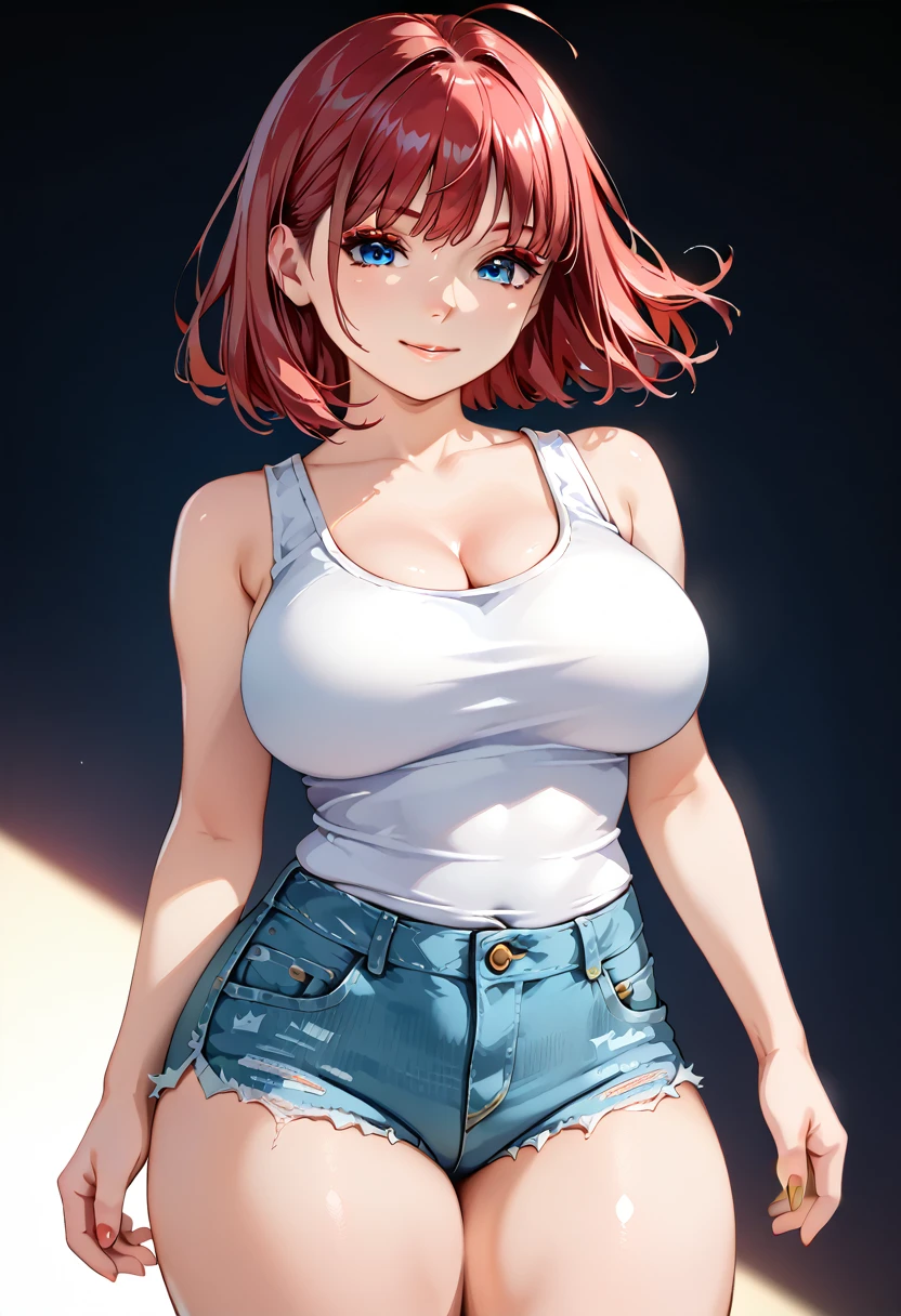 score_9, score_8_up, score_7_up, source_anime, 1girl, solo, detailed eyes, red hair, (red eyeliner) ,(blue eyes:1.2), (red eyeshadow), (red eyelashes), DowabakoP, bobcut ,wide thighs, wide hips, smiling, (mature woman), (big breasts:0.8), masterpiece, best quality, ultra high res, photon mapping, best shadow, beauty detail, ultra high detail, professional light, detailed skin, whole colored background, clear, 4Kbackground, clear, 4K, soft and lazy, watercolor drawing, floating, finely detail, (wearing ruffled jean shorts)), wearing tight white tank top, sleeveless, 