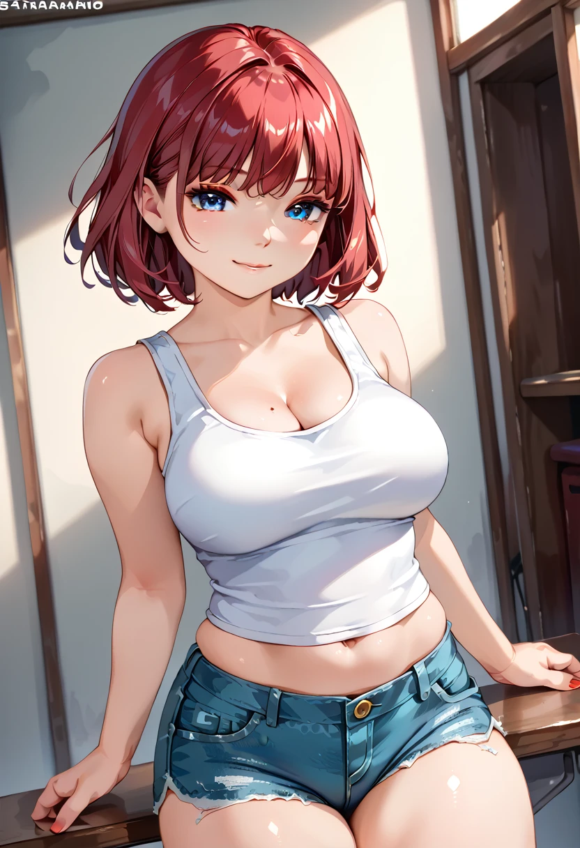 score_9, score_8_up, score_7_up, source_anime, 1girl, solo, detailed eyes, red hair, (red eyeliner) ,(blue eyes:1.2), (red eyeshadow), (red eyelashes), DowabakoP, bobcut ,wide thighs, wide hips, smiling, (mature woman), (big breasts:0.8), masterpiece, best quality, ultra high res, photon mapping, best shadow, beauty detail, ultra high detail, professional light, detailed skin, whole colored background, clear, 4Kbackground, clear, 4K, soft and lazy, watercolor drawing, floating, finely detail, (wearing ruffled jean shorts)), wearing tight white tank top, sleeveless, 