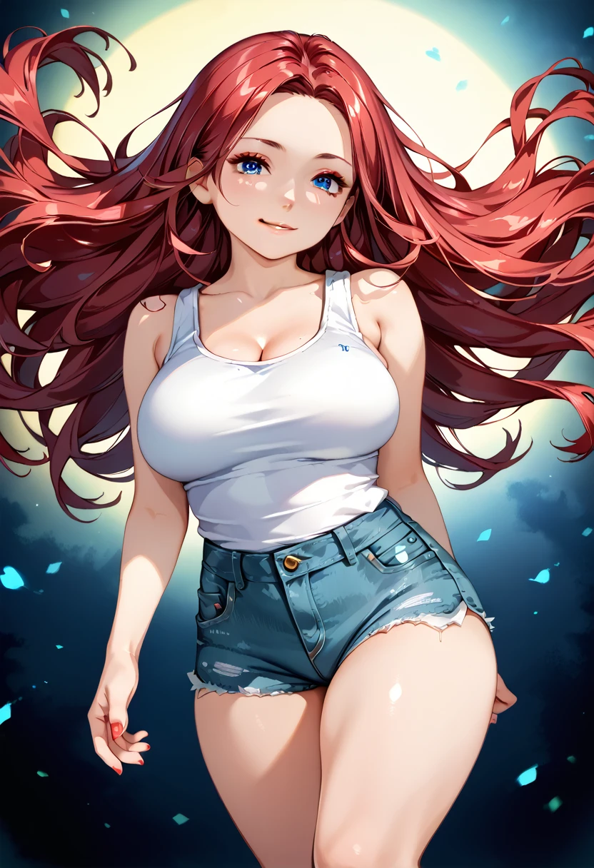 score_9, score_8_up, score_7_up, source_anime, 1girl, solo, detailed eyes, red hair, (red eyeliner) ,(blue eyes:1.2), (red eyeshadow), (red eyelashes), DowabakoP, bobcut ,wide thighs, wide hips, smiling, (mature woman), (big breasts:0.8), masterpiece, best quality, ultra high res, photon mapping, best shadow, beauty detail, ultra high detail, professional light, detailed skin, whole colored background, clear, 4Kbackground, clear, 4K, soft and lazy, watercolor drawing, floating, finely detail, (wearing ruffled jean shorts)), wearing tight white tank top, sleeveless, 