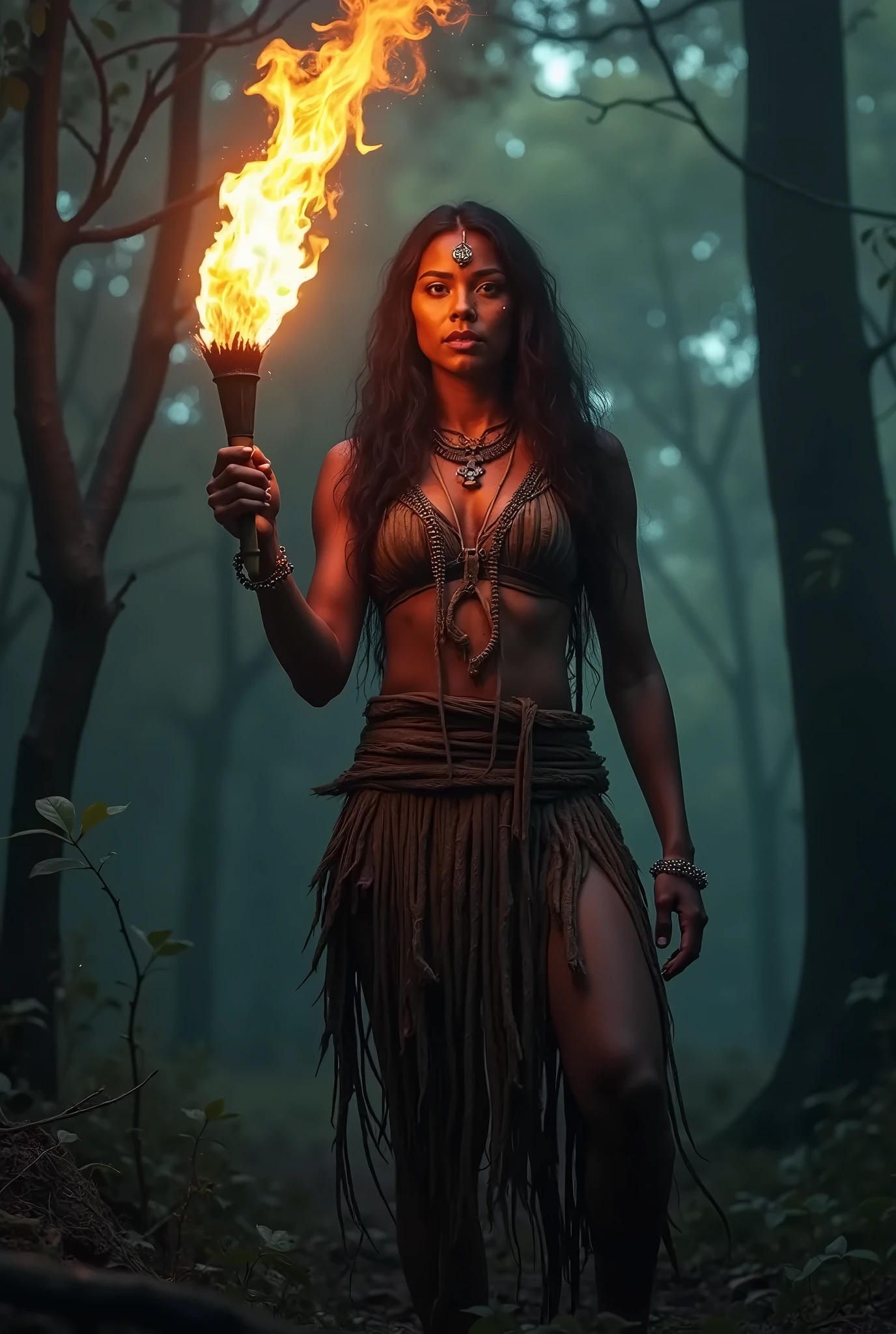 (Shaman indigenous ),ultra quality, red hair very long large, abdômen detailed, half moon, indigenous shaman,(Woman warrior), 8k, campfire, ultra quality, highlights , realist, big tits nude, nipples, yellom rose. (Nude)