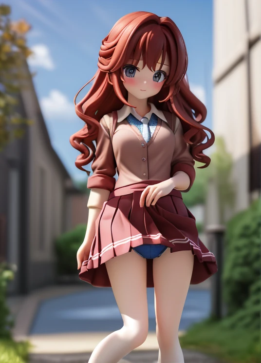 (masterpiece, highest quality, Super detailed))), 1 girl,  Anna’s, 3d,  very curly red hair,  very tiny miniskirt,  blue pantyhose ,  Lifting  miniskirt,  shoes,  sun shiny day 