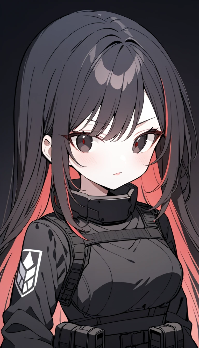 1 Girl, Medium Breasts, Raven Black Hair, Light Red Highlights In Hair, Straight Hair Style, Long Hair, Light Red And Black Eyes, Pale Skin, Smooth Skin, Soft Features, Nice Lips, Cute Face, Black Military Uniform, Black Modern Combat Gear, Black Tactical Gear, Assault Rife, Black Tactical Helmet, 