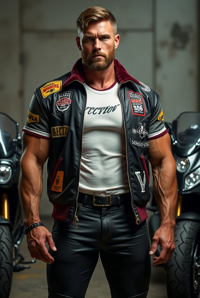 Foto RAW em sequencia, uma imagem de Travis Kelce adulto, ((flexing muscles, wearing an American flag leather jacket that highlights his majoicas and huge biceps muscles)), detalhes do rosto definidos, planos de fundo detalhados pouco desfocados, natural lighting, HDR, foto realista, foto profissional, flertando com o espectador, visual forte e masculino, fotorrealista, imponente, pele natural, 8k UHD, alta qualidade, grain de fil