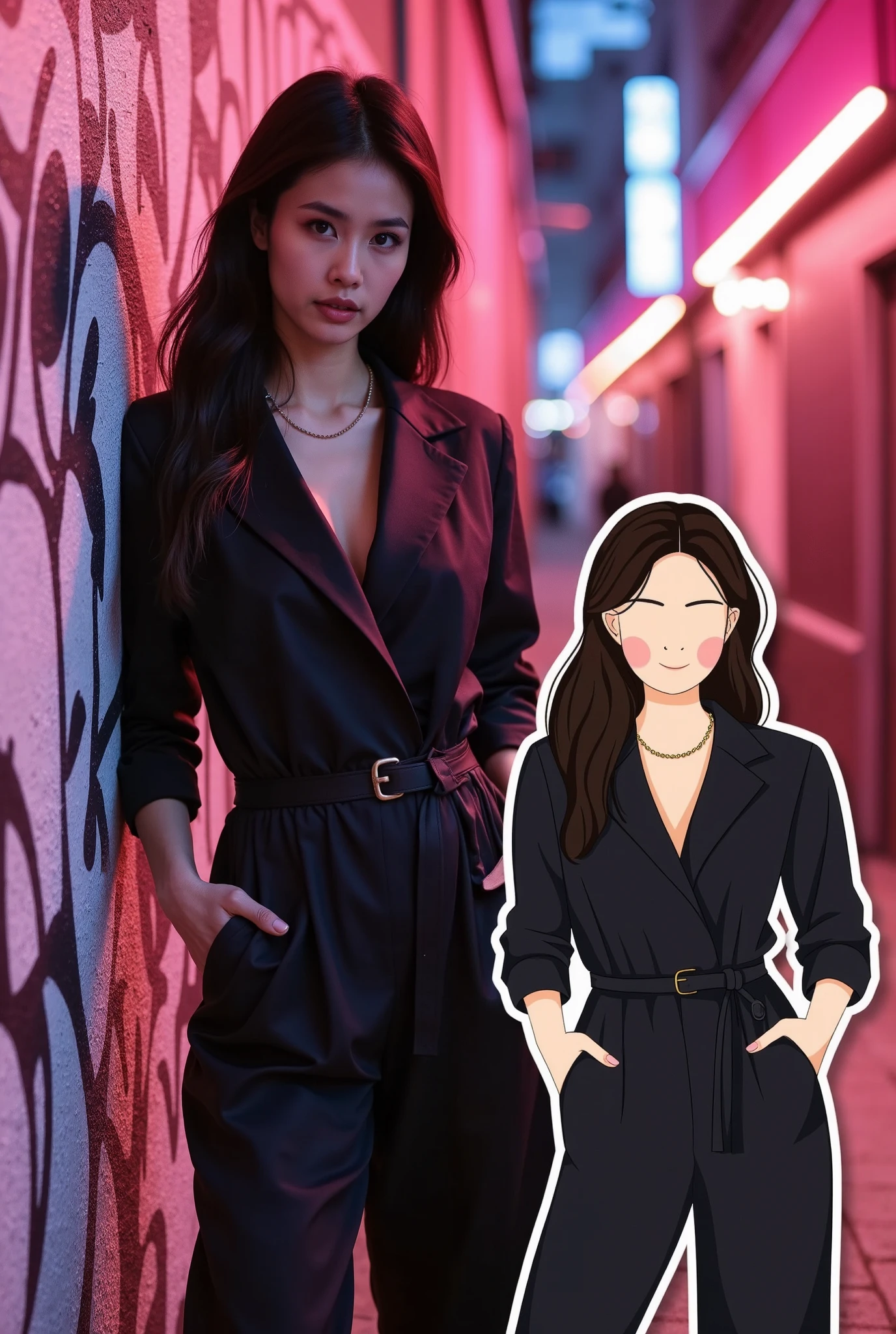 Vector&portrait of a woman in a chic black jumpsuit, posing against a graffiti-covered wall in a neon-lit alleyway. Overlapping with the image, there is a vector illustration of the same woman.

