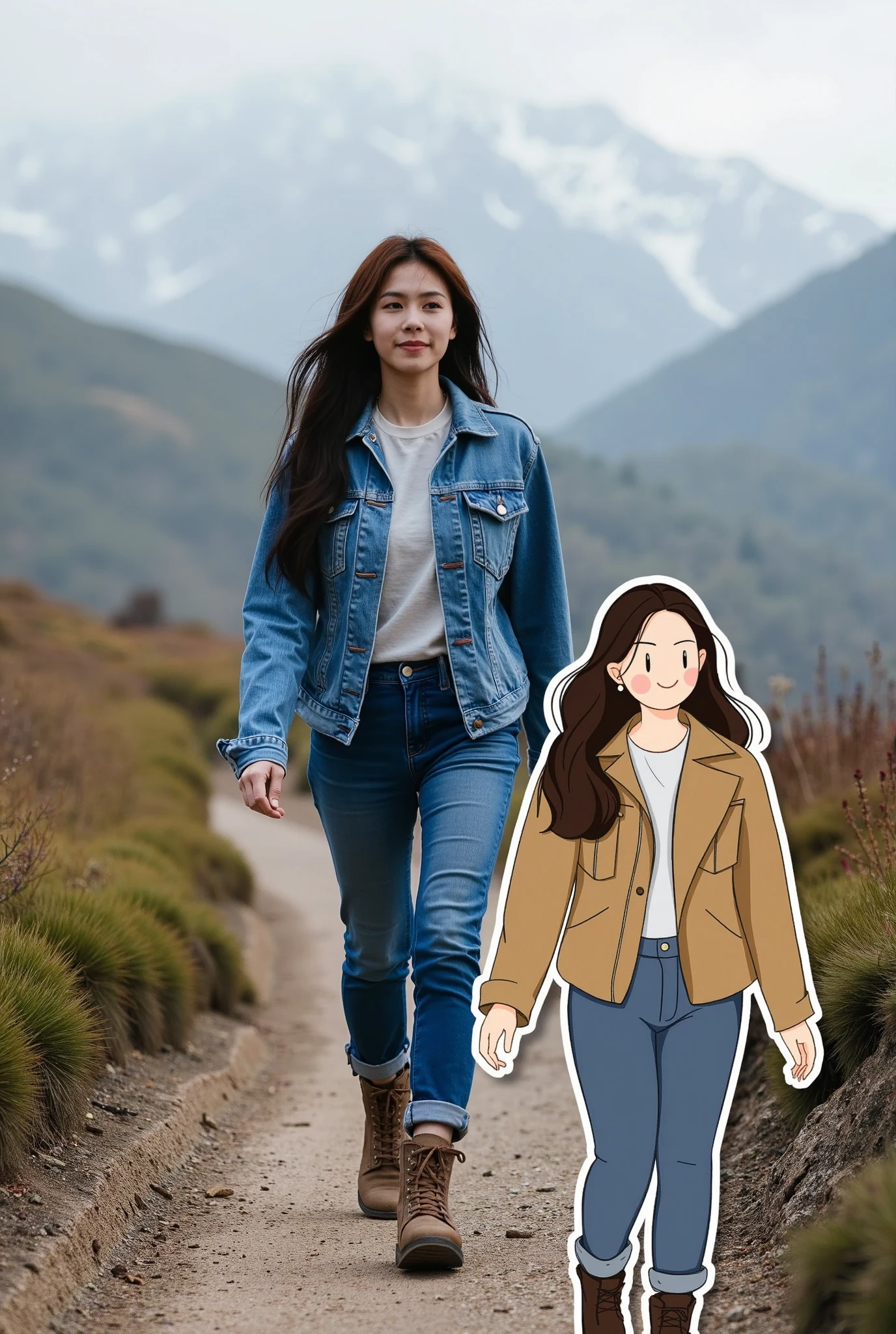 Vector&portrait of a woman in a casual denim jacket and boots, hiking up a mountain trail during a foggy morning. Overlapping with the image, there is a vector illustration of the same woman.