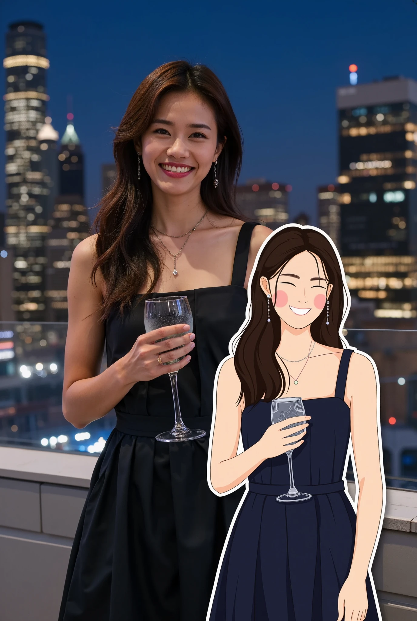 Vector&portrait of a woman in a sleek cocktail dress, laughing at an upscale rooftop bar under the night sky. Overlapping with the image, there is a vector illustration of the same woman.