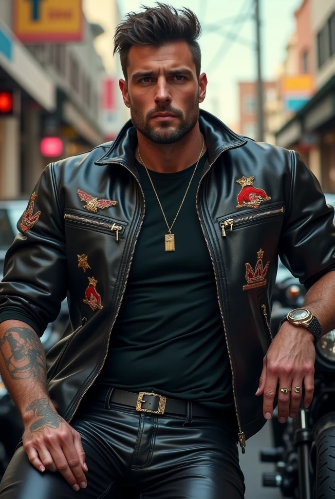 Foto RAW em sequencia, uma imagem de Travis Kelce adulto, ((flexing muscles, wearing an American flag leather jacket that highlights his majoicas and huge biceps muscles)), detalhes do rosto definidos, planos de fundo detalhados pouco desfocados, natural lighting, HDR, foto realista, foto profissional, flertando com o espectador, visual forte e masculino, fotorrealista, imponente, pele natural, 8k UHD, alta qualidade, grain de fil