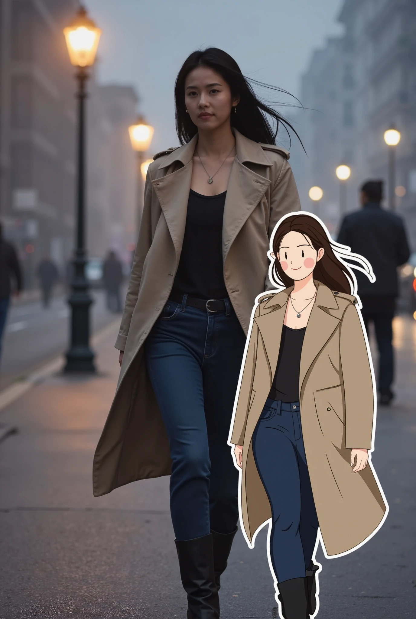 Vector&portrait of a woman in a trench coat, walking briskly through a foggy street lined with streetlights in the early evening. Overlapping with the image, there is a vector illustration of the same woman.