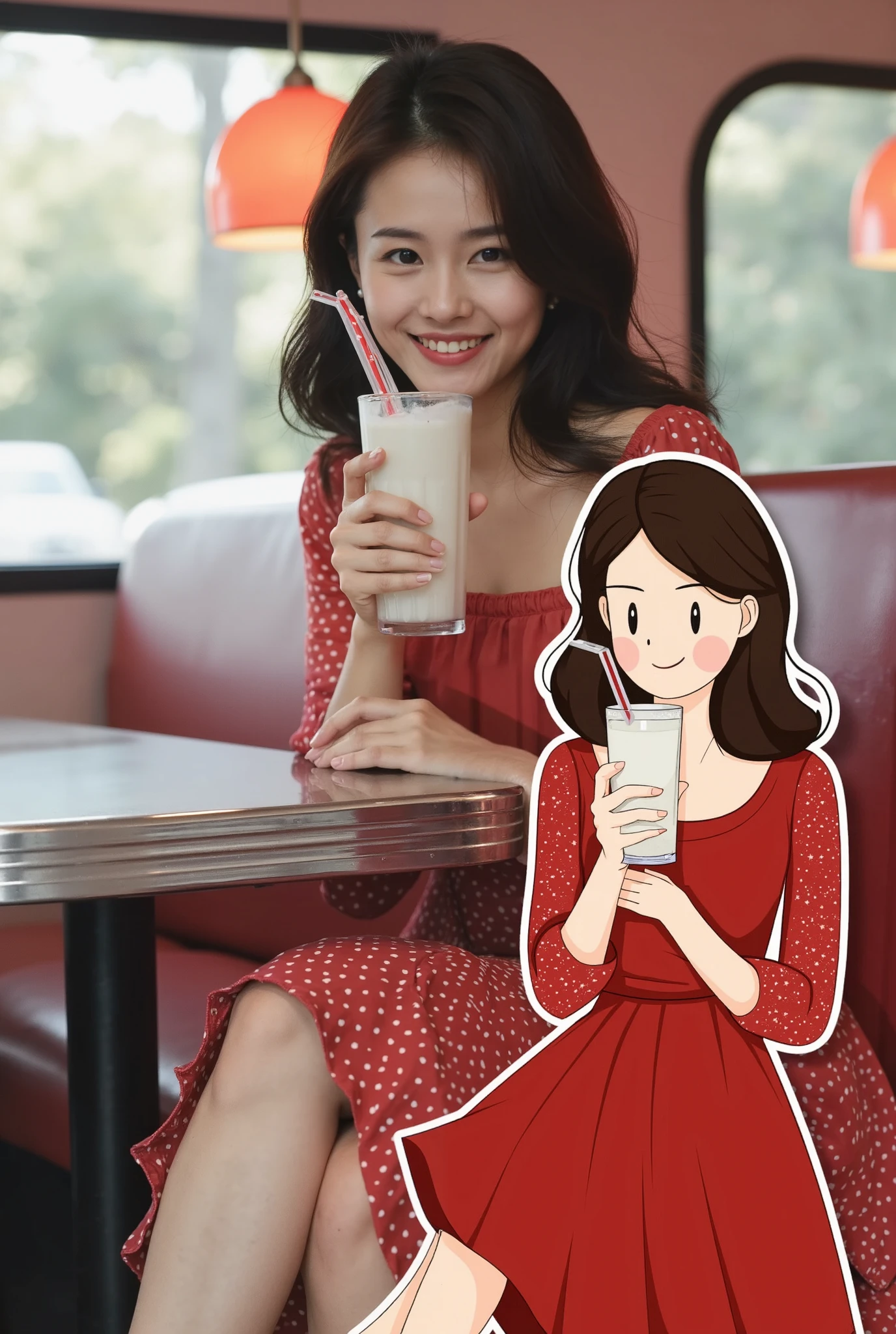 Vector&portrait of a woman in a retro polka-dot dress, sitting at a vintage diner booth, smiling as she sips her milkshake. Overlapping with the image, there is a vector illustration of the same woman.