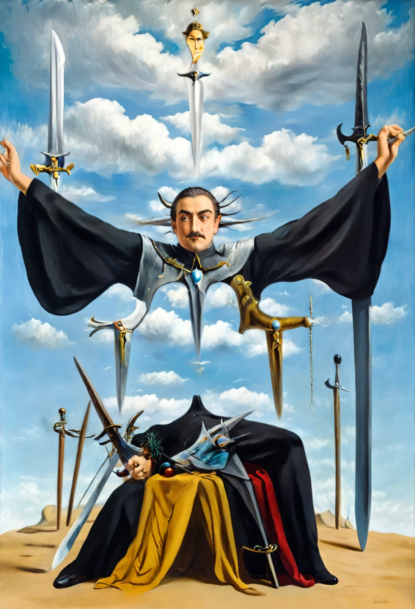 man pierced by swords - surrealist style, surrealist artwrok, dream like, Salvador Dali style, Rene Magritte style, highly detailed, masterpiece, painting-like, HD