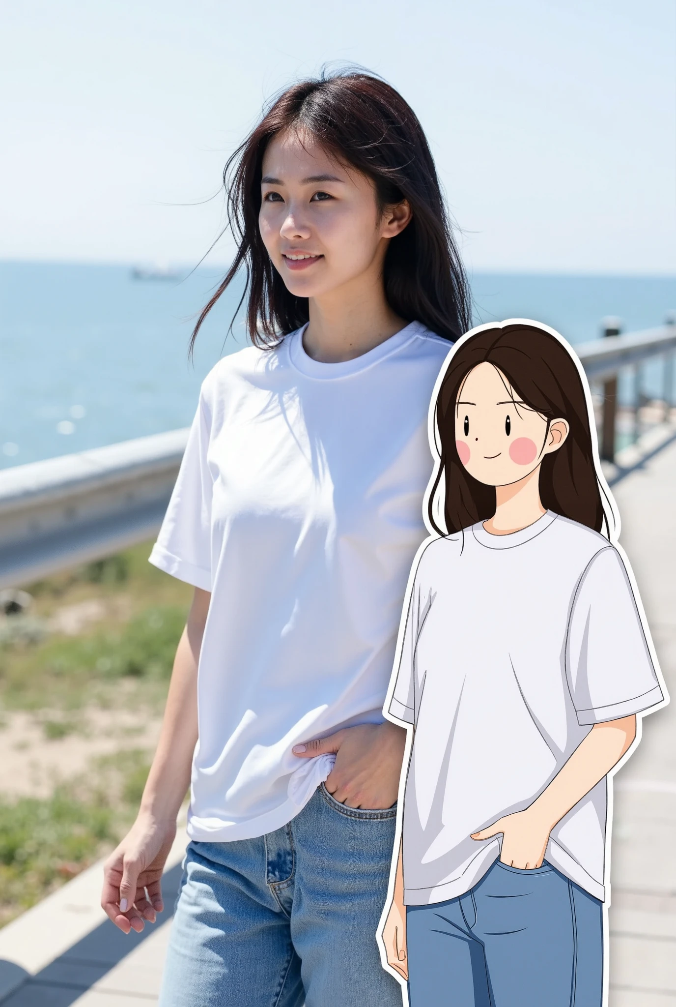 Vector&portrait of a woman in a plain white t-shirt and jeans, standing on a sunny boardwalk by the sea. Overlapping with the image, there is a vector illustration of the same woman.