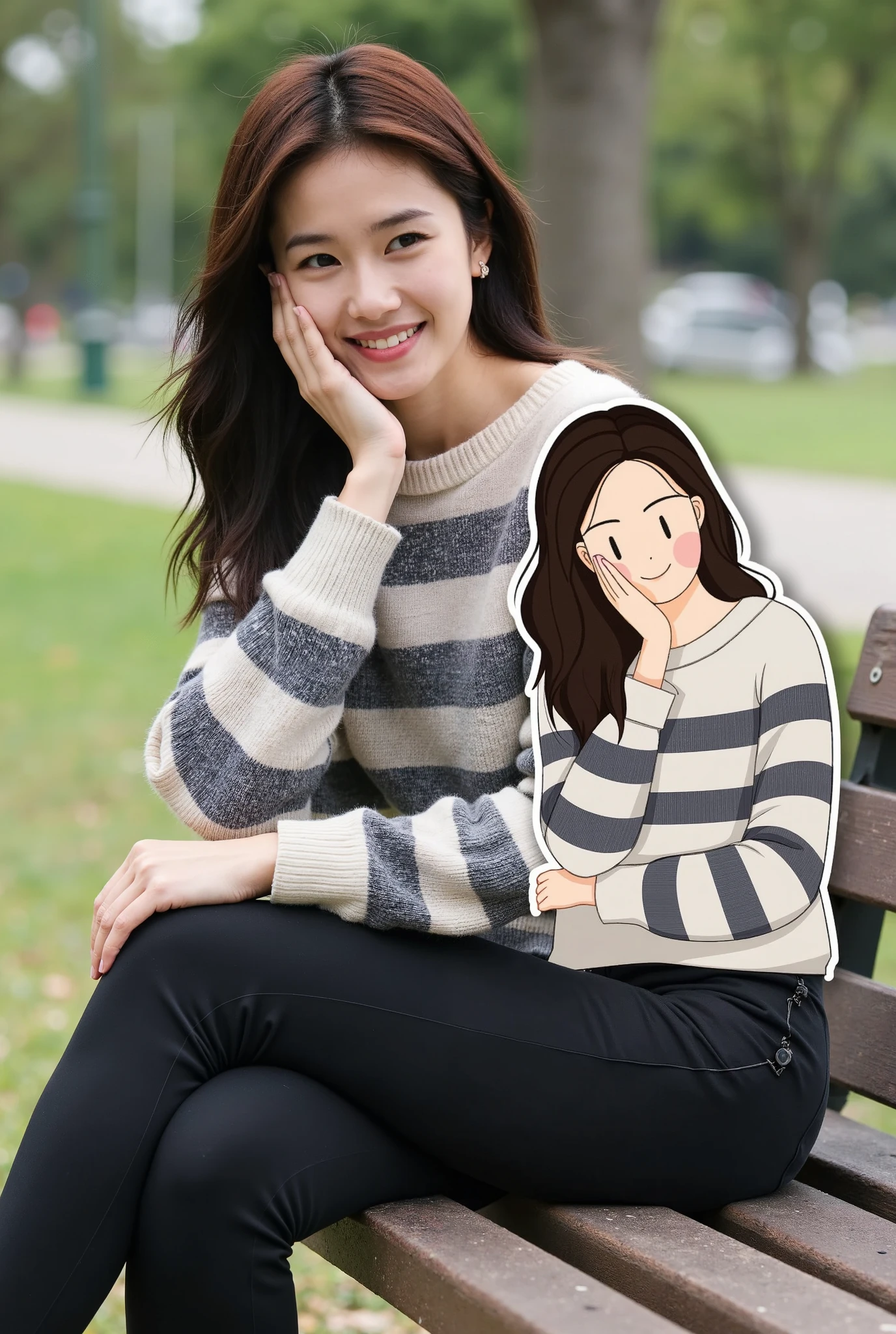 Vector&portrait of a woman in a striped sweater and black leggings, sitting on a park bench with a warm smile. Overlapping with the image, there is a vector illustration of the same woman.