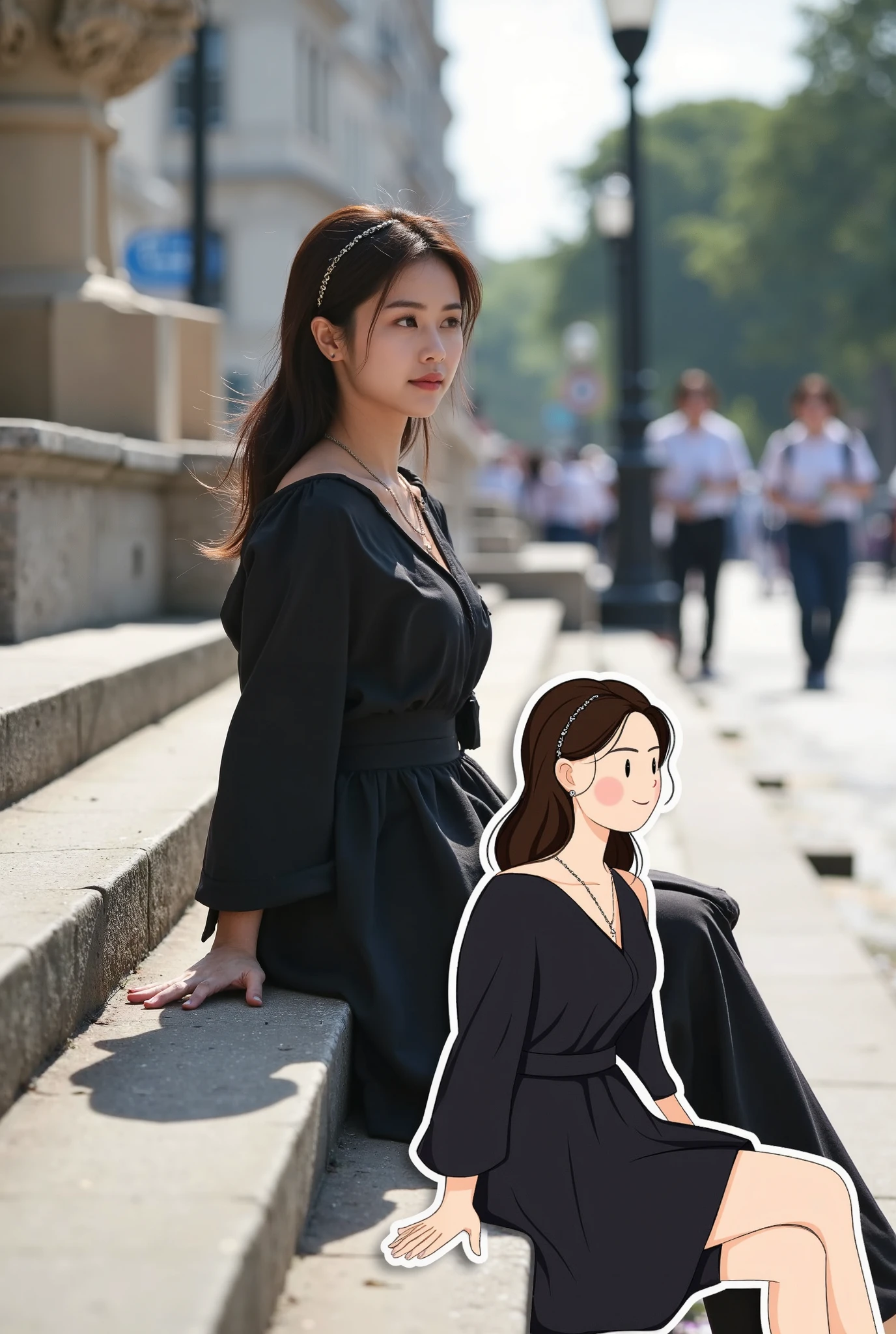 Vector&portrait of a woman in a casual black dress, sitting on the steps of a city plaza, looking relaxed. Overlapping with the image, there is a vector illustration of the same woman.