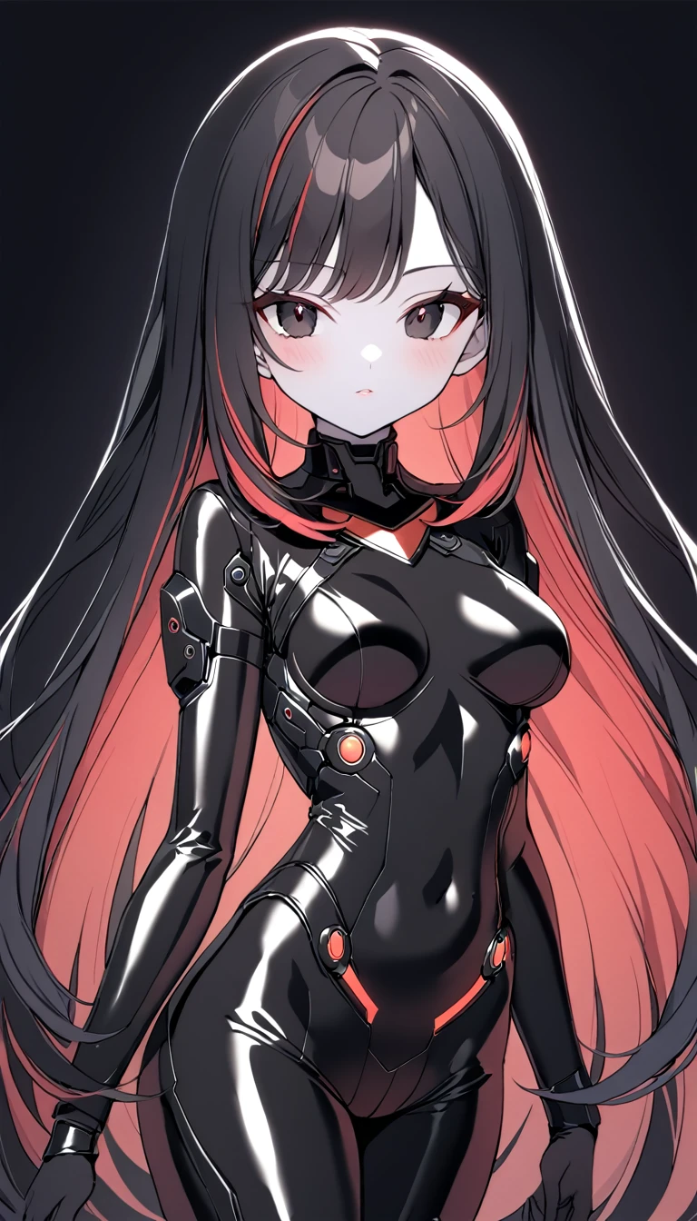 1 Girl, Medium Breasts, Raven Black Hair, Light Red Highlights In Hair, Straight Hair Style, Long Hair, Light Red And Black Eyes, Pale Skin, Smooth Skin, Soft Features, Nice Lips, Cute Face, Black Latex Military Bodysuit, Black Futuristic Combat Gear, Black Futuristic Tactical Gear, 