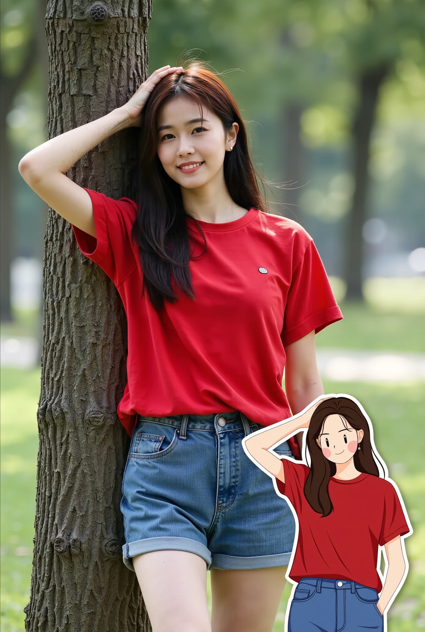 Vector&portrait of a woman in a simple red t-shirt and denim shorts, leaning against a tree at a park, enjoying the afternoon breeze. Overlapping with the image, there is a vector illustration of the same woman.