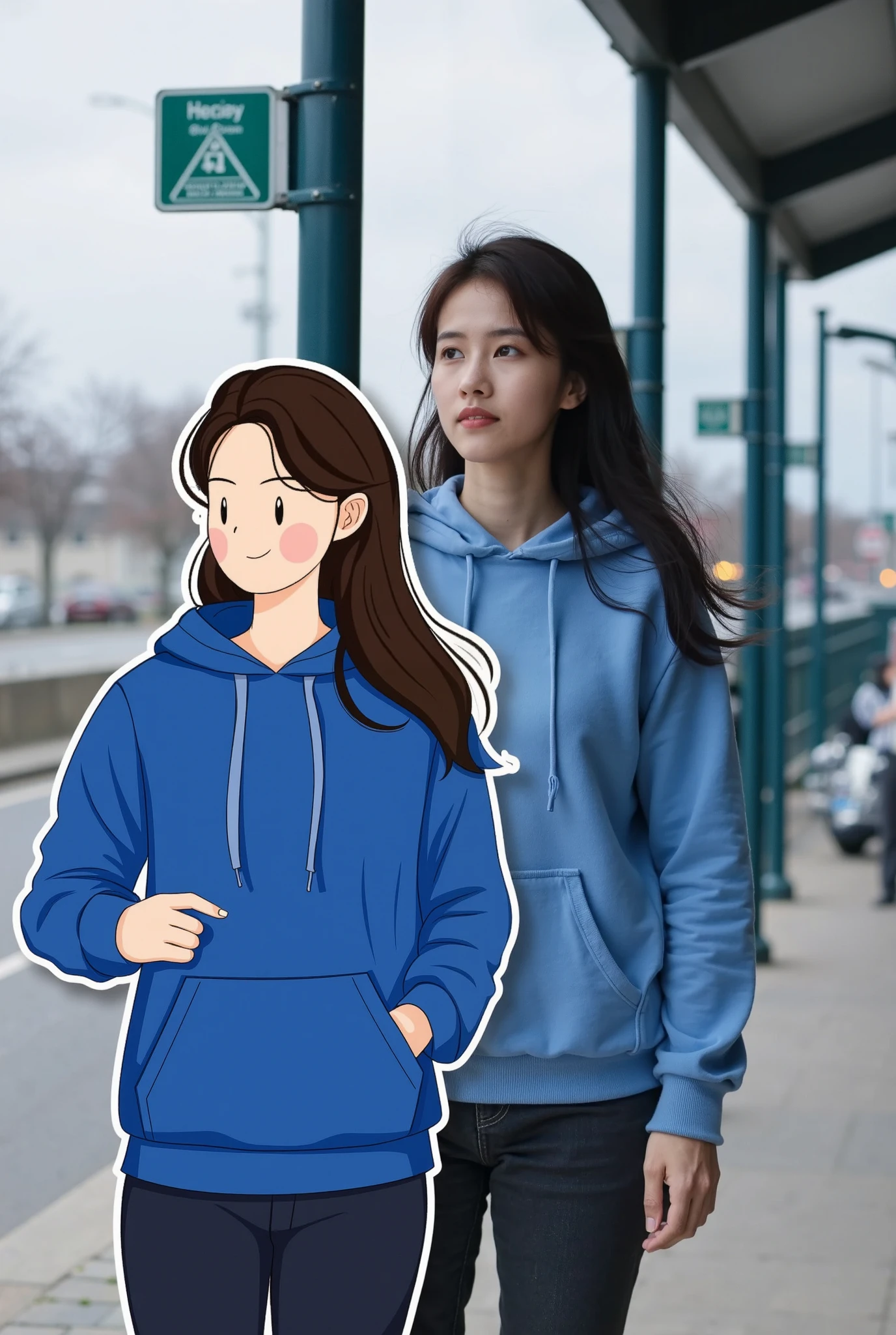 Vector&portrait of a woman in a casual blue hoodie and black jeans, waiting at a bus stop on a cloudy day. Overlapping with the image, there is a vector illustration of the same woman.