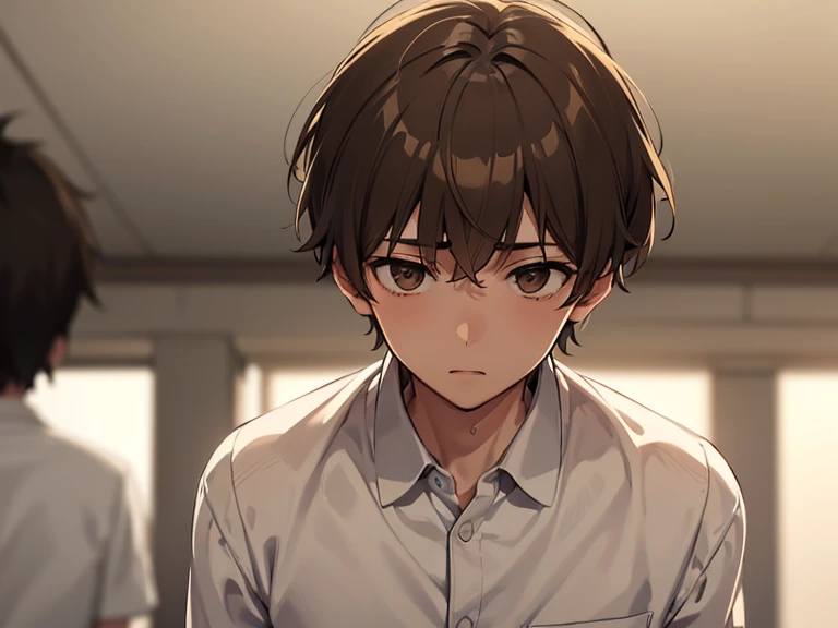 anime boy with brown hair and white shirt and tie looking at camera, anime moe artstyle, smooth anime cg art, anime boy, ( ( ( yoshinari yoh ) ) ), cute anime face, inspired by Inoue Naohisa, 🍁 cute, kawaii realistic portrait, slightly happy facial expression, cute expression, cute natural anime face, short brown hair and large eyes