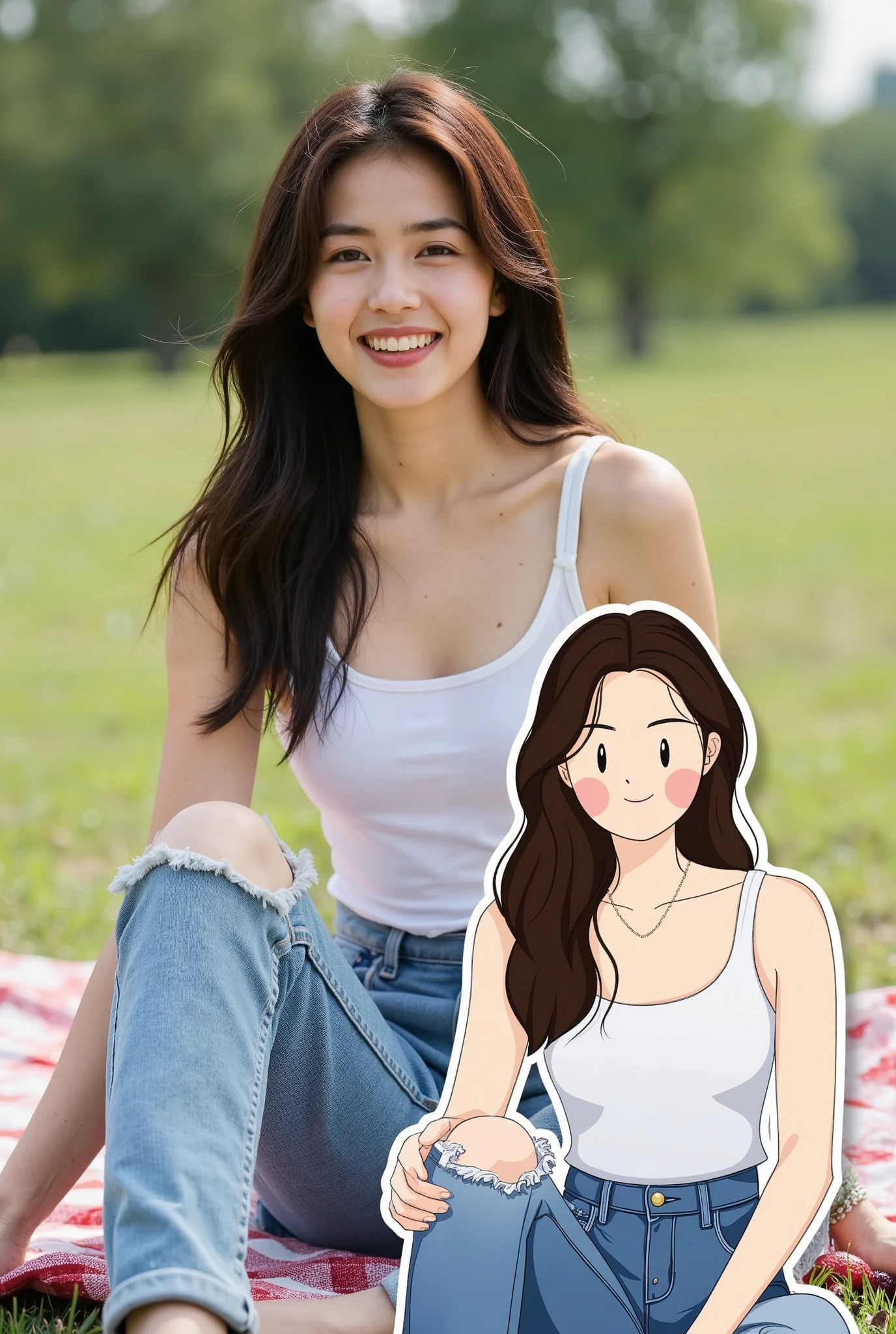 Vector&portrait of a woman in a basic tank top and ripped jeans, sitting on the grass during a picnic, her face full of joy. Overlapping with the image, there is a vector illustration of the same woman.