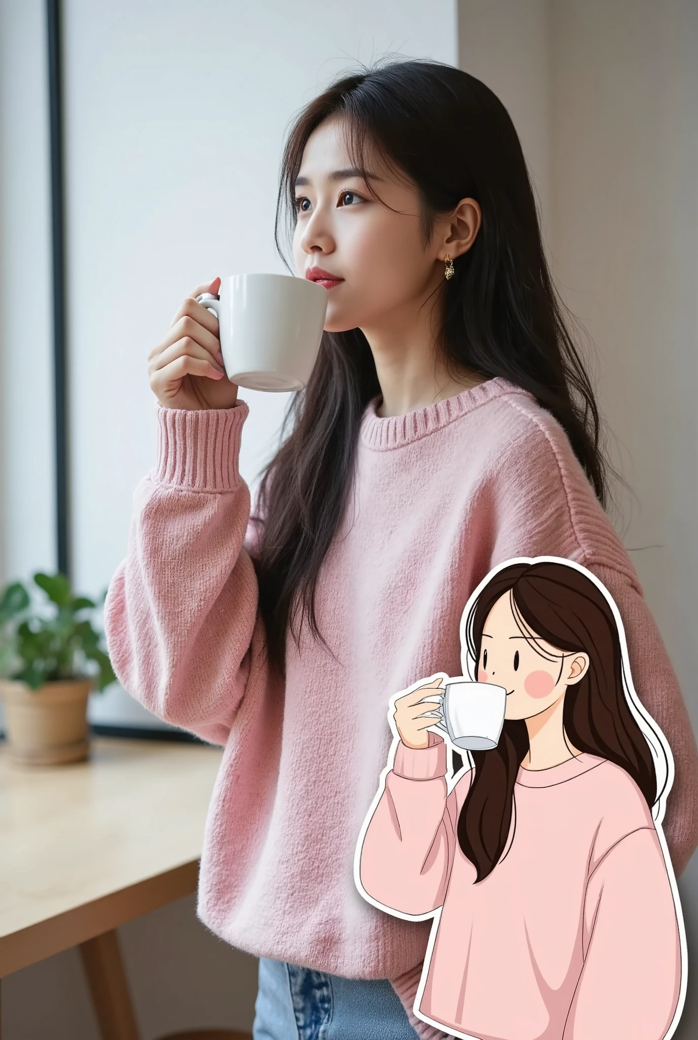 vector&portrait of Korean woman alone in a pastel-colored oversized sweater, standing in a minimalist coffee shop, sipping tea with a thoughtful gaze, Overlapping with the image, there is a vector illustration of the same woman.