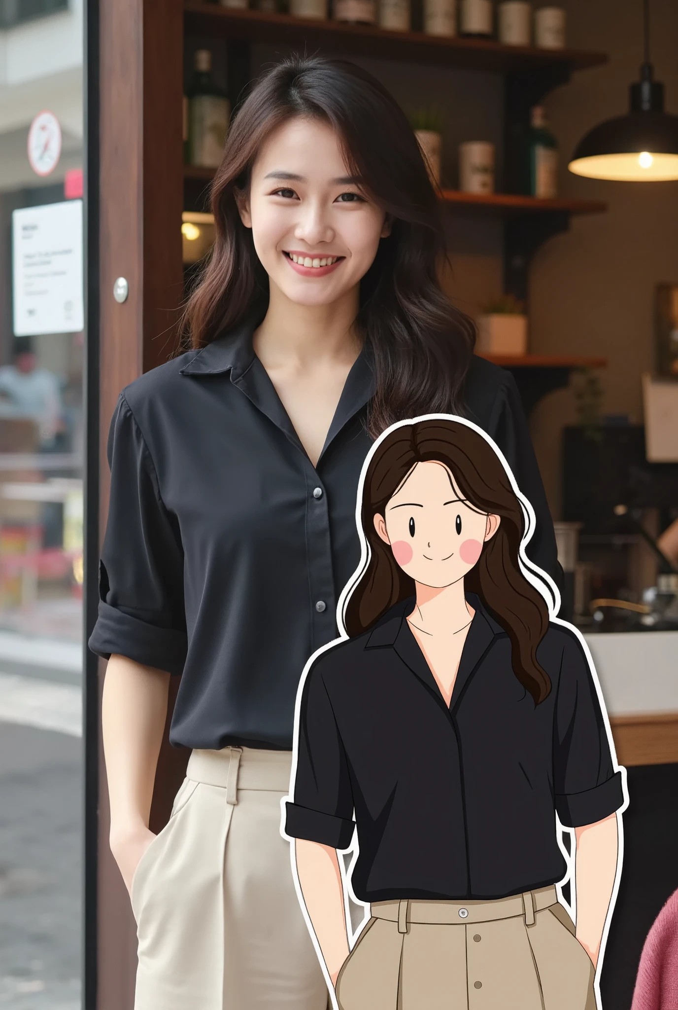 Vector&portrait of a woman in a simple black blouse and beige trousers, standing at the entrance of a small cafe, smiling warmly. Overlapping with the image, there is a vector illustration of the same woman.