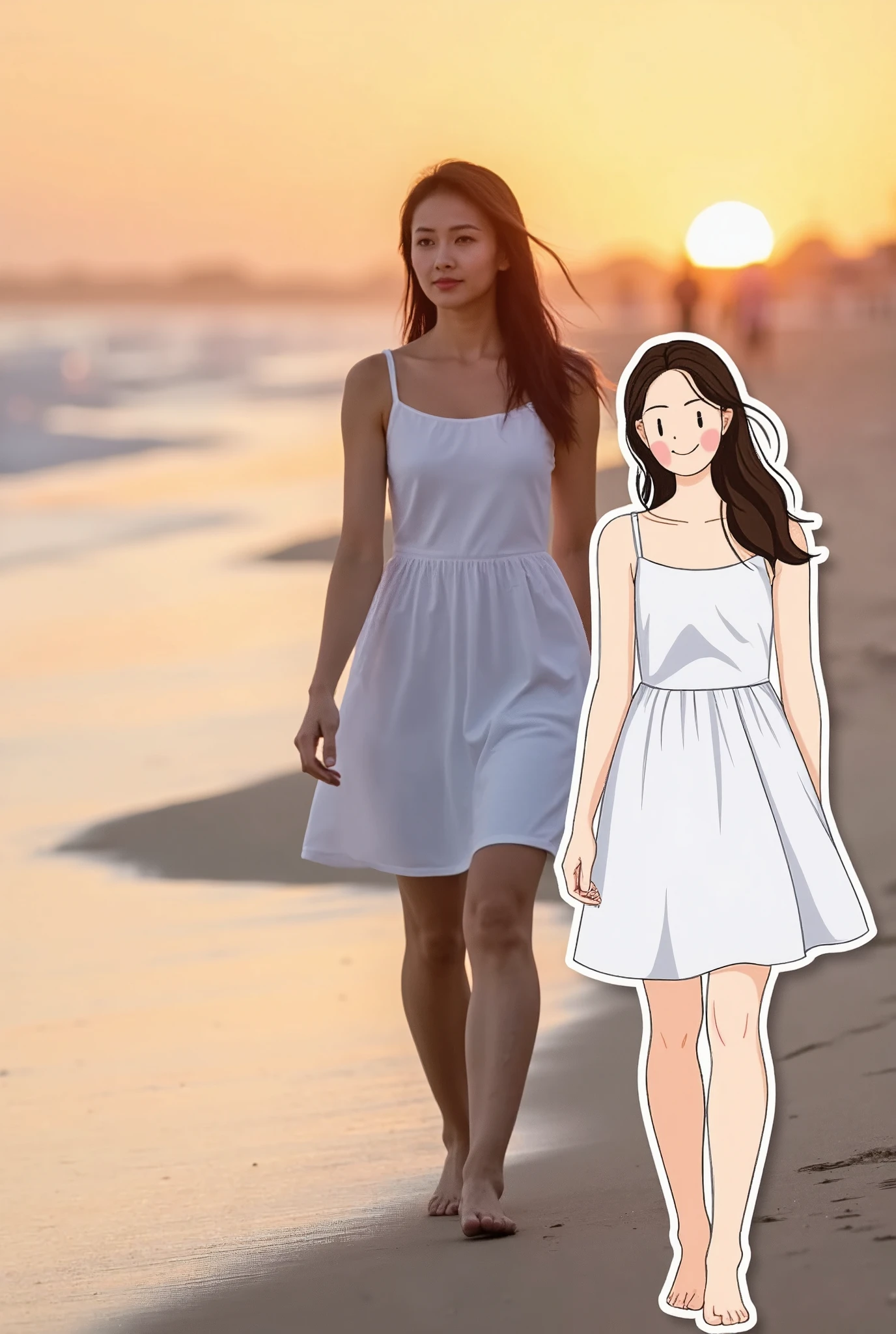 Vector&portrait of a woman in a plain white sundress, walking barefoot on a sandy beach at sunset. Overlapping with the image, there is a vector illustration of the same woman.