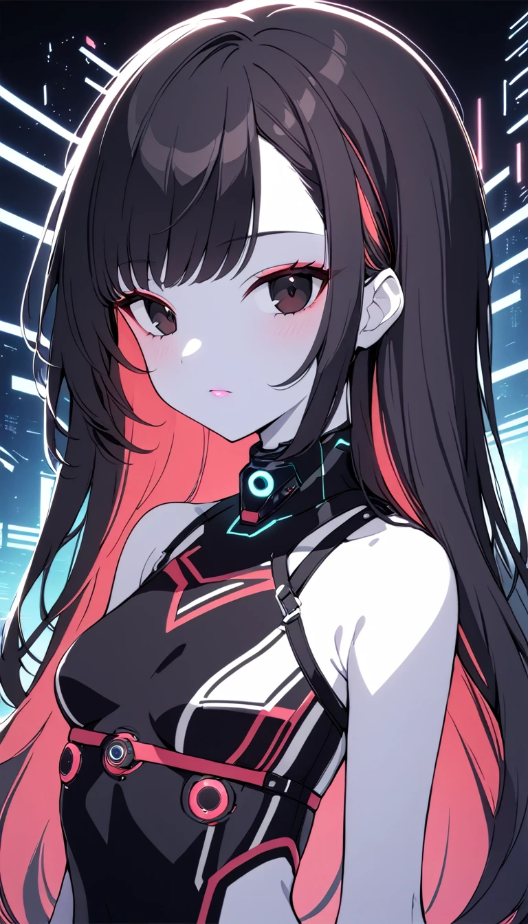 1 Girl, Medium Breasts, Raven Black Hair, Light Red Highlights In Hair, Straight Hair Style, Long Hair, Light Red And Black Eyes, Pale Skin, Smooth Skin, Soft Features, Nice Lips, Cute Face, Cyberpunk Outfit, Cyberwear, Cybernetic Body 